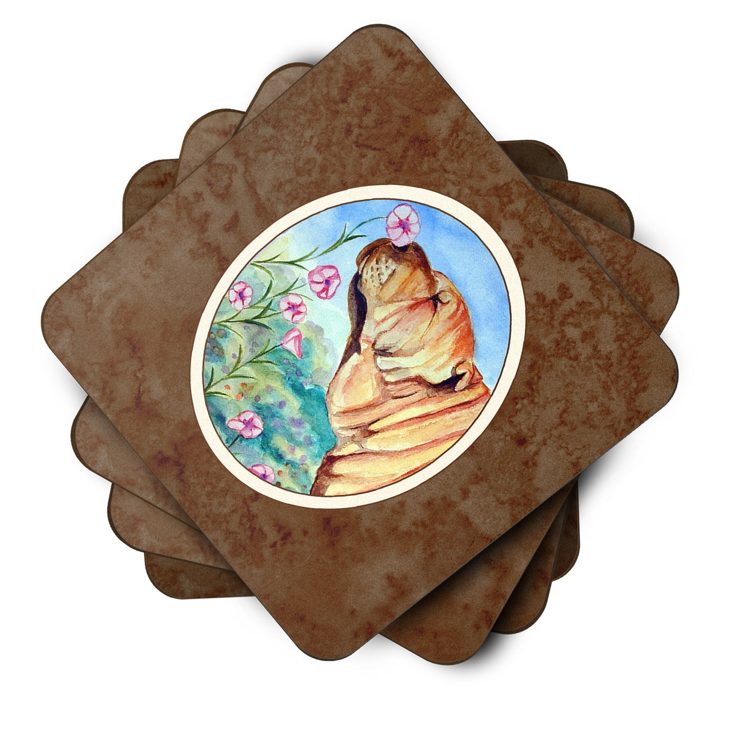 Shar Pei Smell the flowers Foam Coasters Set of 4 Cup Coasters for Indoor Outdoor, Tabletop Protection, Anti Slip, Mouse pad Material