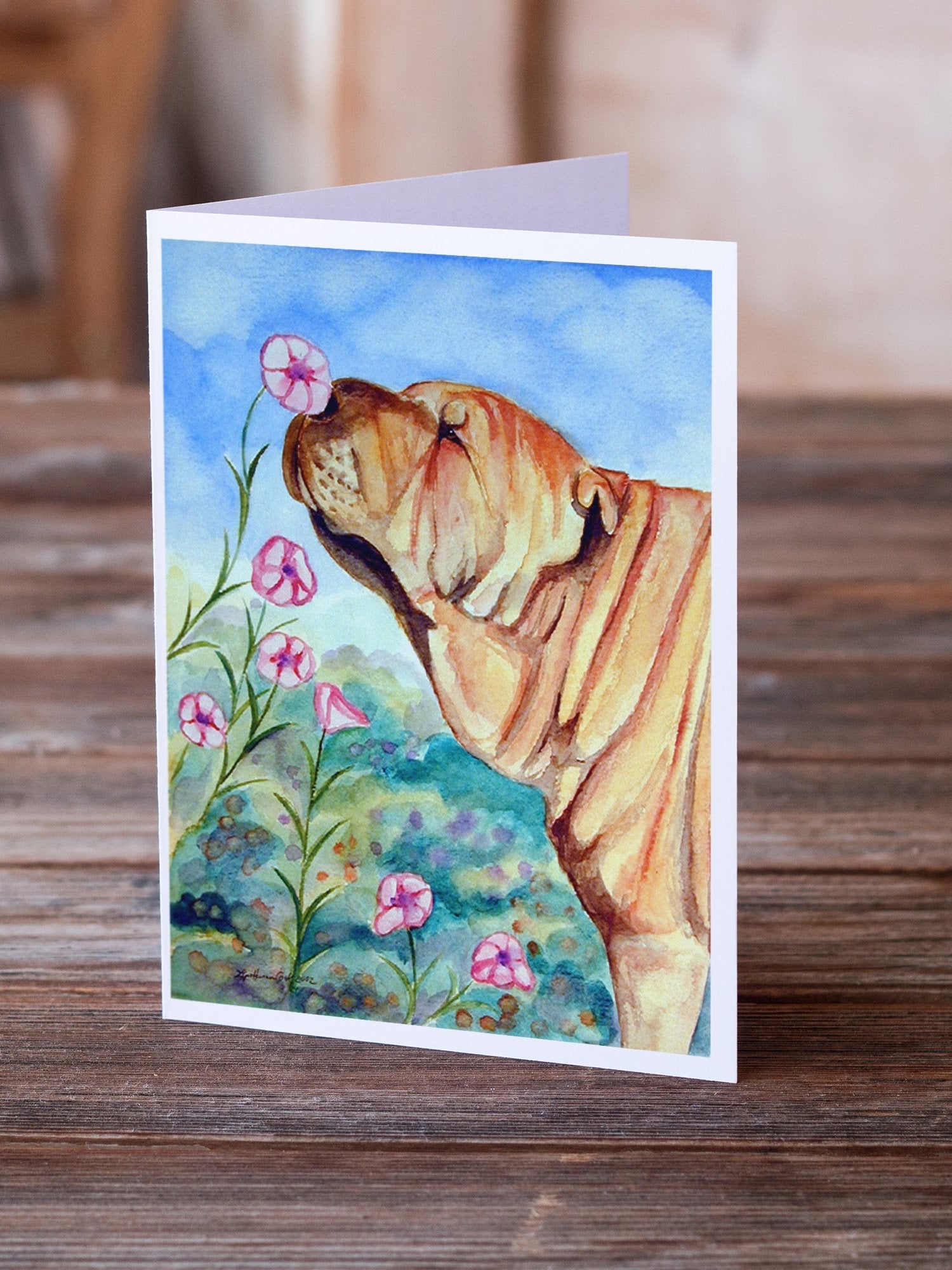 Shar Pei Smell the flowers Greeting Cards Pack of 8 Blank Cards with Envelopes Whimsical A7 Size 5x7