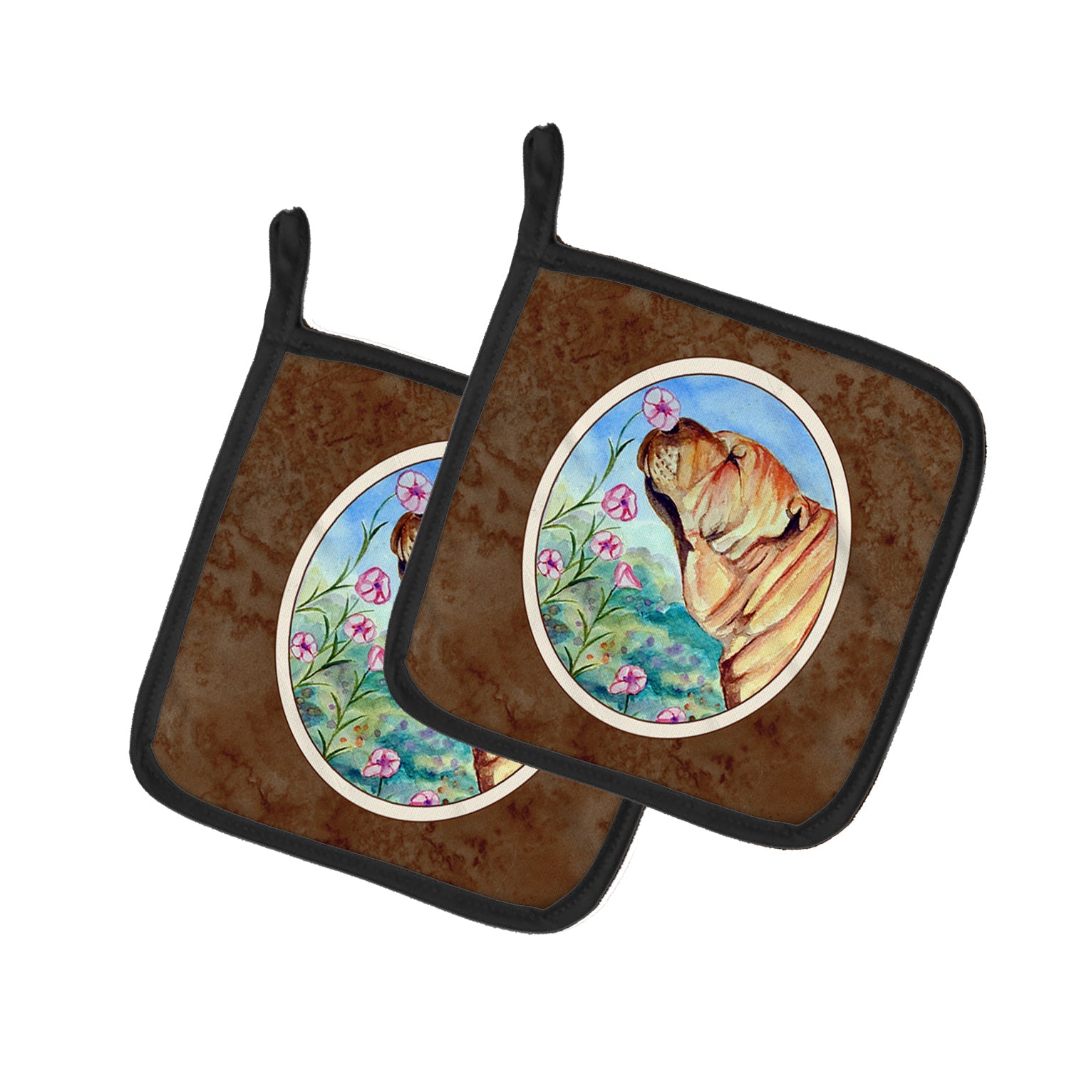 Shar Pei Smell the flowers Pot Holder Set of 2 Heat Resistant Quilted Hot Pads 7.5 x 7.5 Inch, Insulated Kitchen Trivets for Cooking & Baking