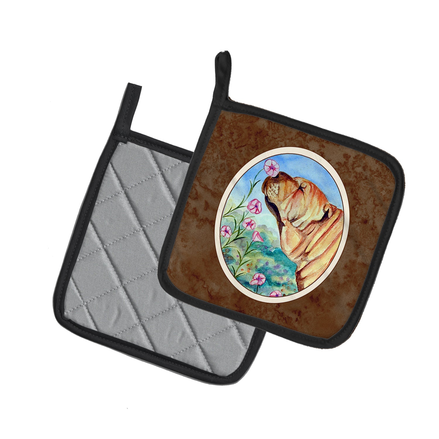 Shar Pei Smell the flowers Pot Holder Set of 2 Heat Resistant Quilted Hot Pads 7.5 x 7.5 Inch, Insulated Kitchen Trivets for Cooking & Baking