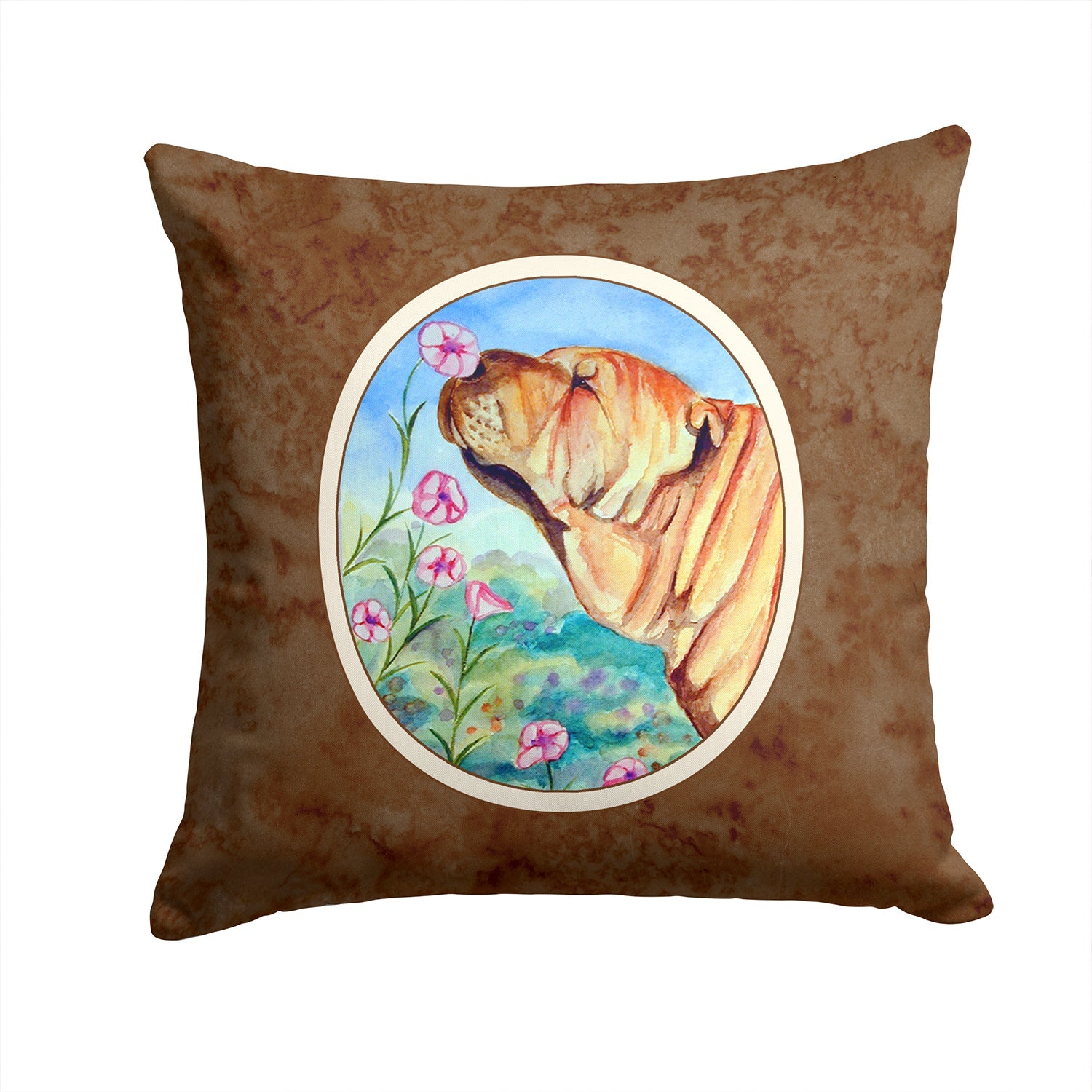 Shar Pei Smell the flowers Decorative Throw Pillow 14x14 Indoor Outdoor Accent Cushion, Fabric Cover with Insert for Sofa, Bed, Porch & Living Room