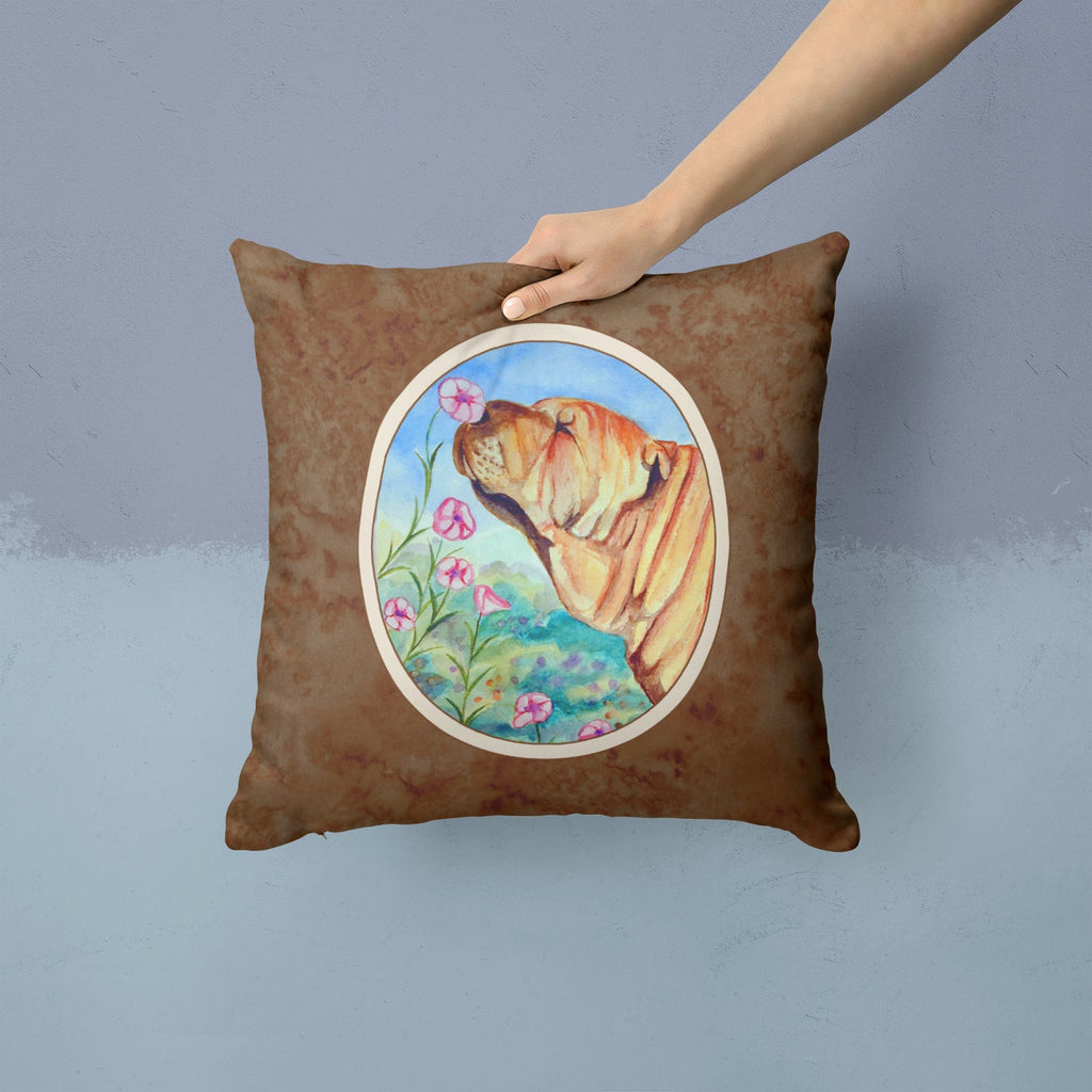 Shar Pei Smell the flowers Decorative Throw Pillow 14x14 Indoor Outdoor Accent Cushion, Fabric Cover with Insert for Sofa, Bed, Porch & Living Room