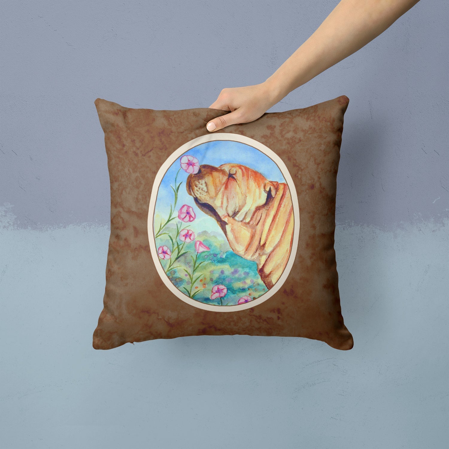 Shar Pei Smell the flowers Decorative Throw Pillow 14x14 Indoor Outdoor Accent Cushion, Fabric Cover with Insert for Sofa, Bed, Porch & Living Room