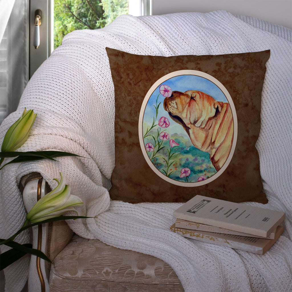 Shar Pei Smell the flowers Decorative Throw Pillow 14x14 Indoor Outdoor Accent Cushion, Fabric Cover with Insert for Sofa, Bed, Porch & Living Room