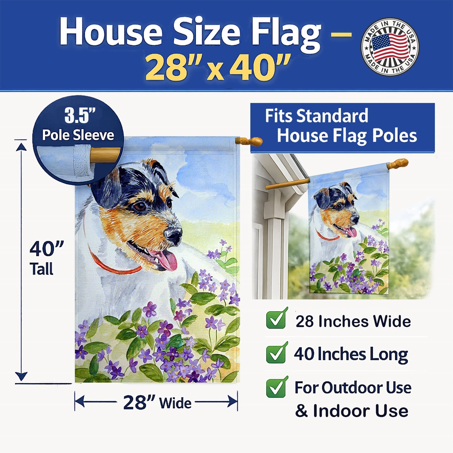 Jack Russell Terrier House Flag 28x40 Porch Sleeve Pole Decorative Outside Yard Banner Artwork Wall Hanging, Polyester