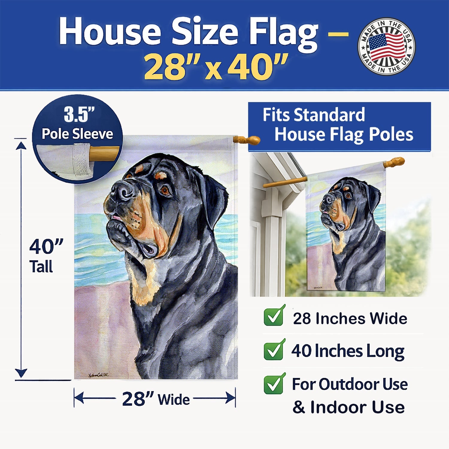 Rottweiler House Flag 28x40 Porch Sleeve Pole Decorative Outside Yard Banner Artwork Wall Hanging, Polyester