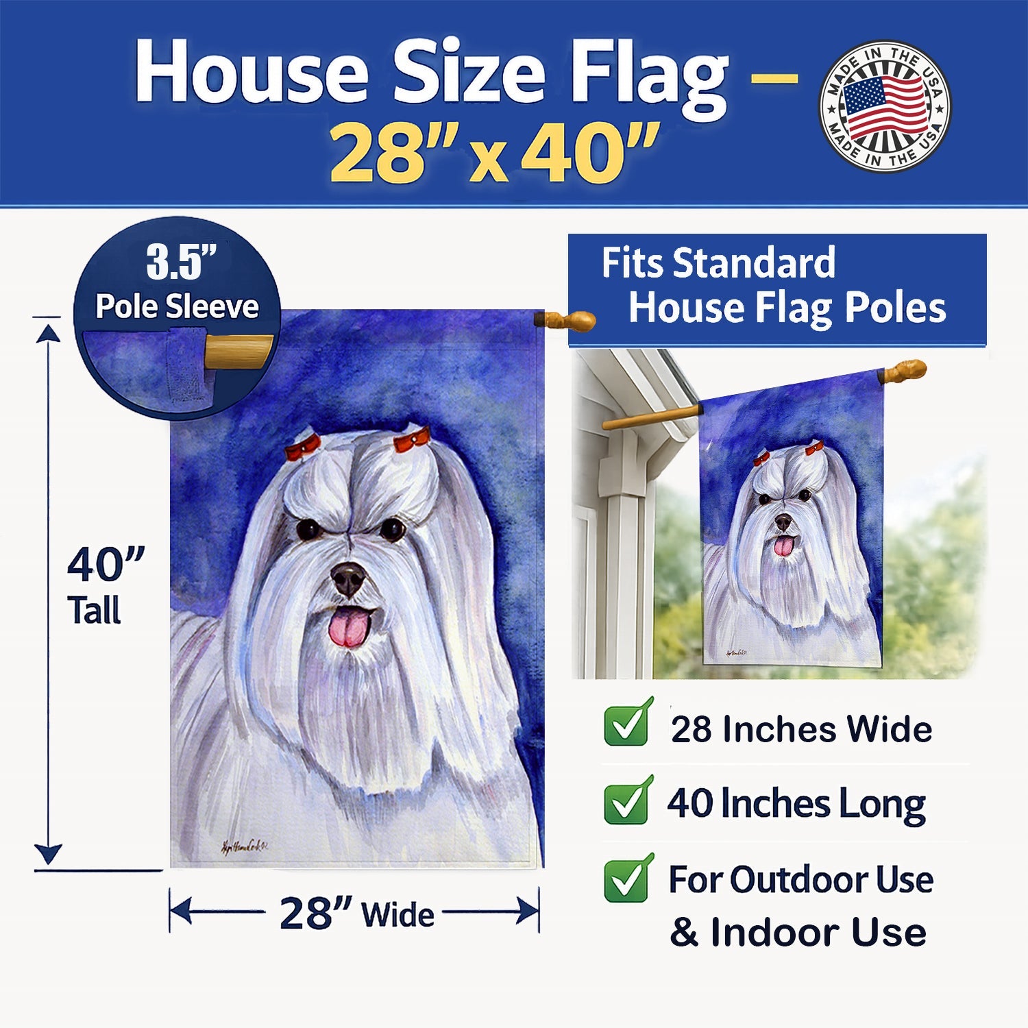 Maltese House Flag 28x40 Porch Sleeve Pole Decorative Outside Yard Banner Artwork Wall Hanging, Polyester