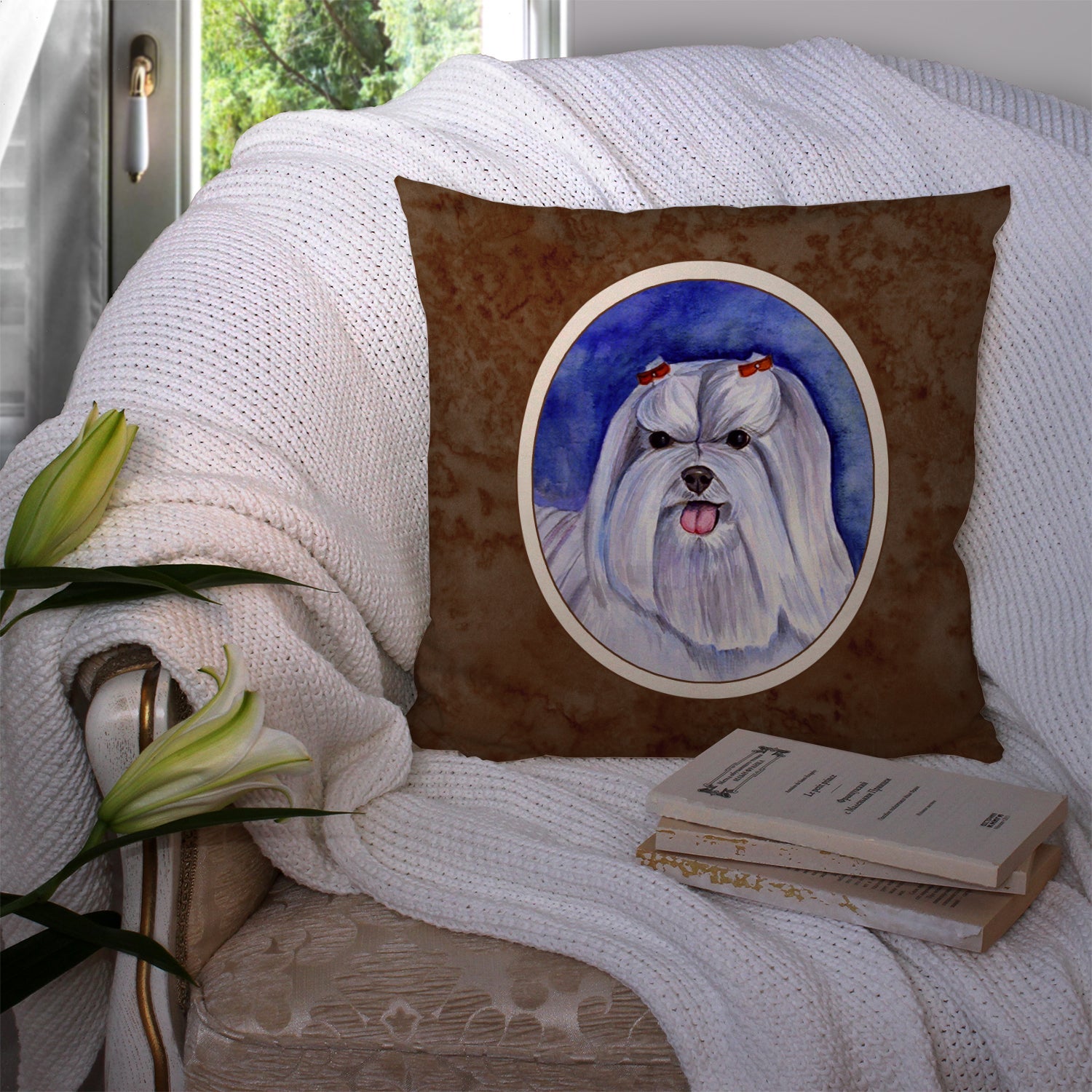 Maltese Decorative Throw Pillow 14x14 Indoor Outdoor Accent Cushion, Fabric Cover with Insert for Sofa, Bed, Porch & Living Room