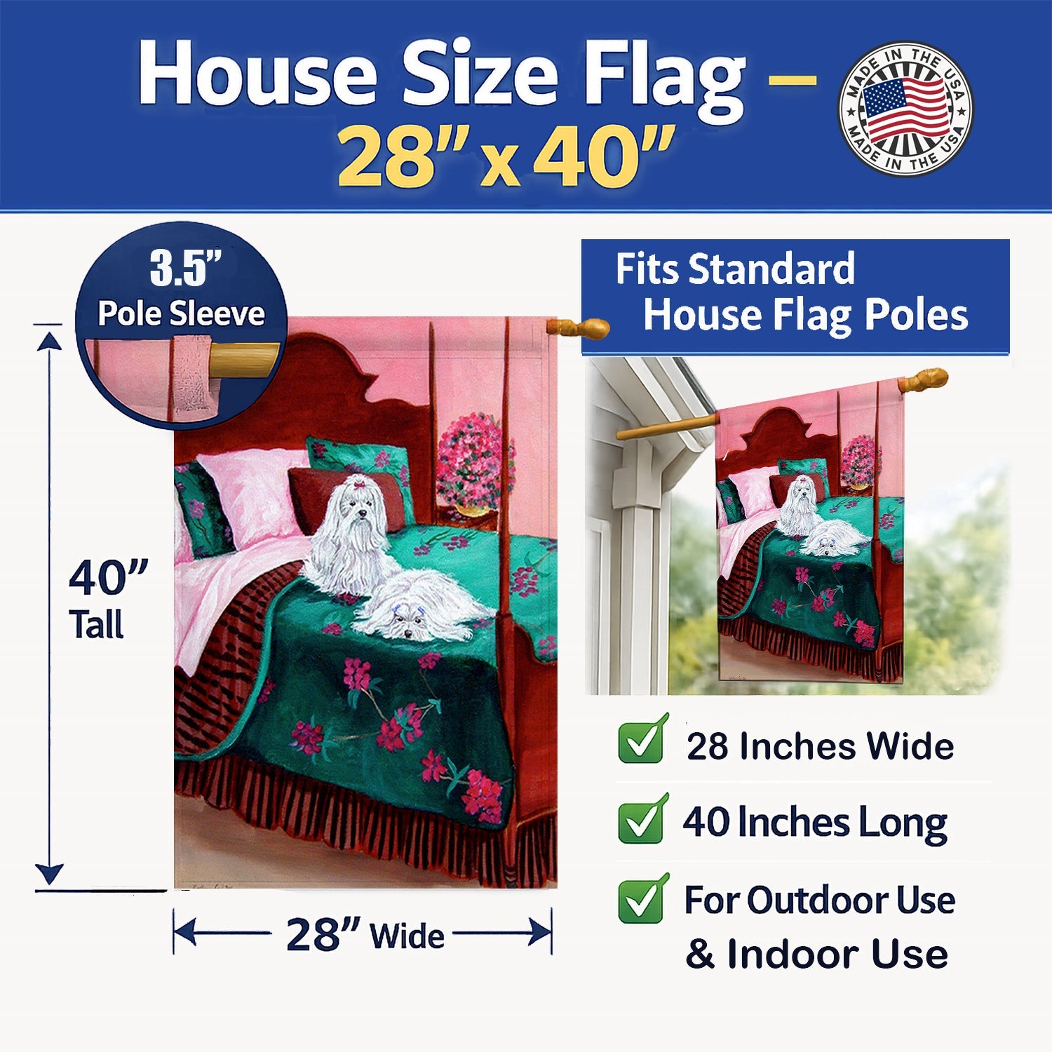 Maltese and puppy waiting on you House Flag 28x40 Porch Sleeve Pole Decorative Outside Yard Banner Artwork Wall Hanging, Polyester