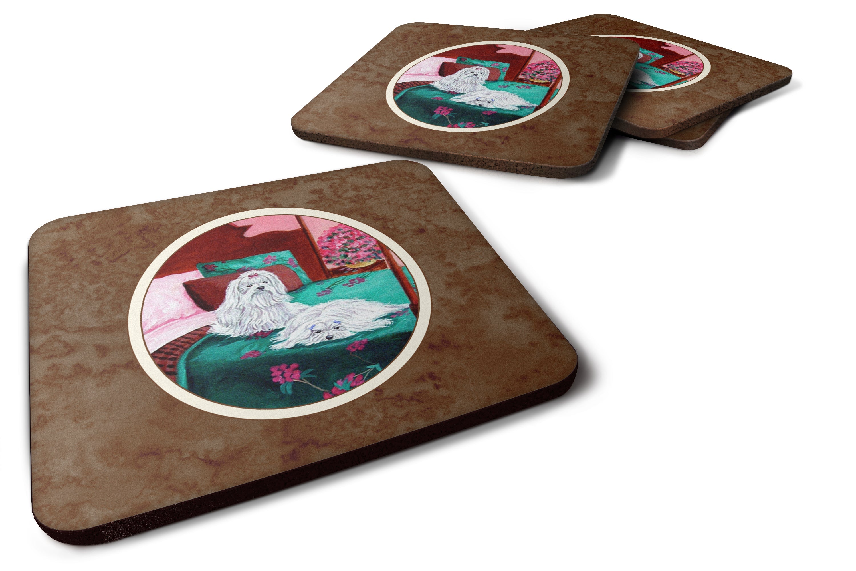 Maltese and puppy waiting on you Foam Coasters Set of 4 Cup Coasters for Indoor Outdoor, Tabletop Protection, Anti Slip, Mouse pad Material