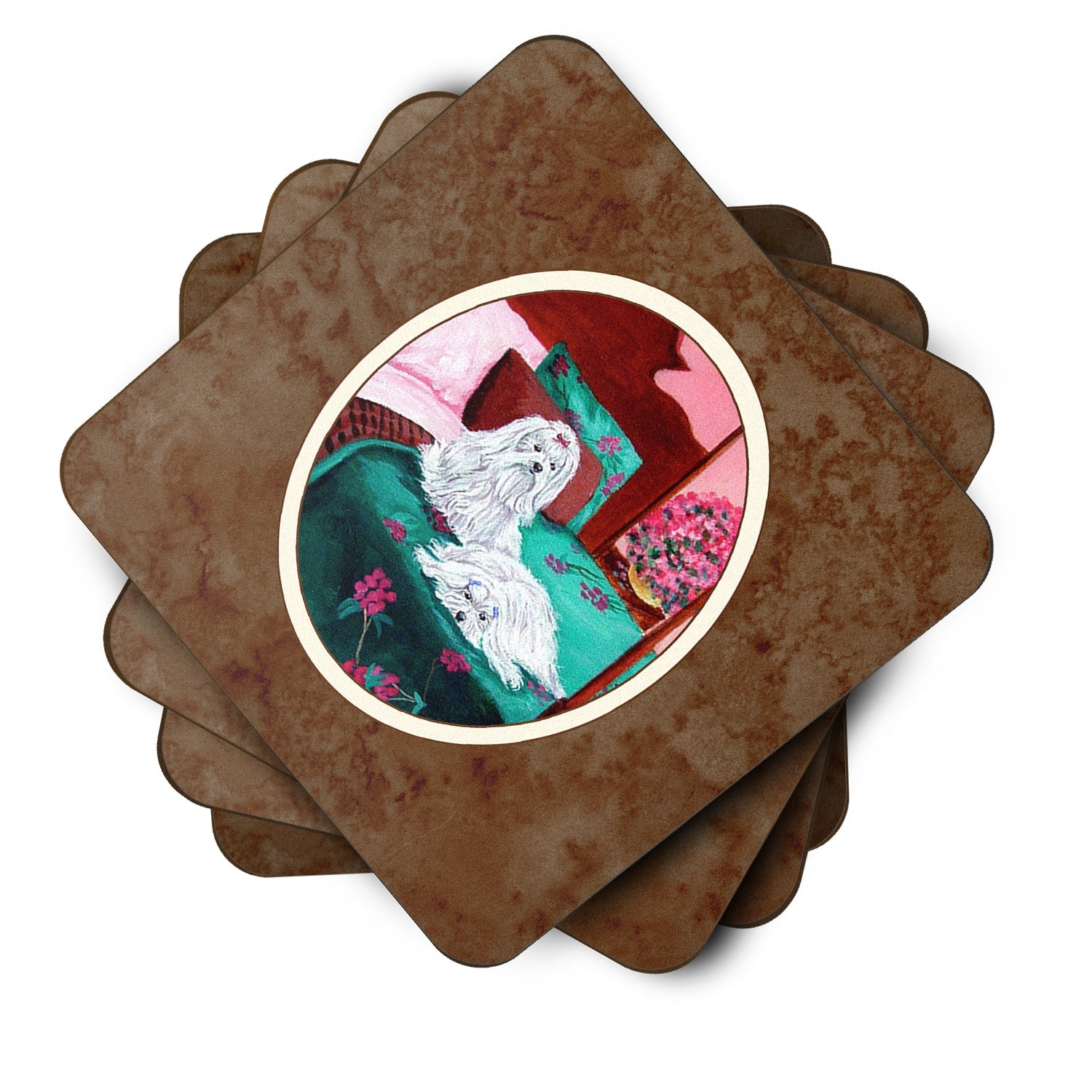 Maltese and puppy waiting on you Foam Coasters Set of 4 Cup Coasters for Indoor Outdoor, Tabletop Protection, Anti Slip, Mouse pad Material