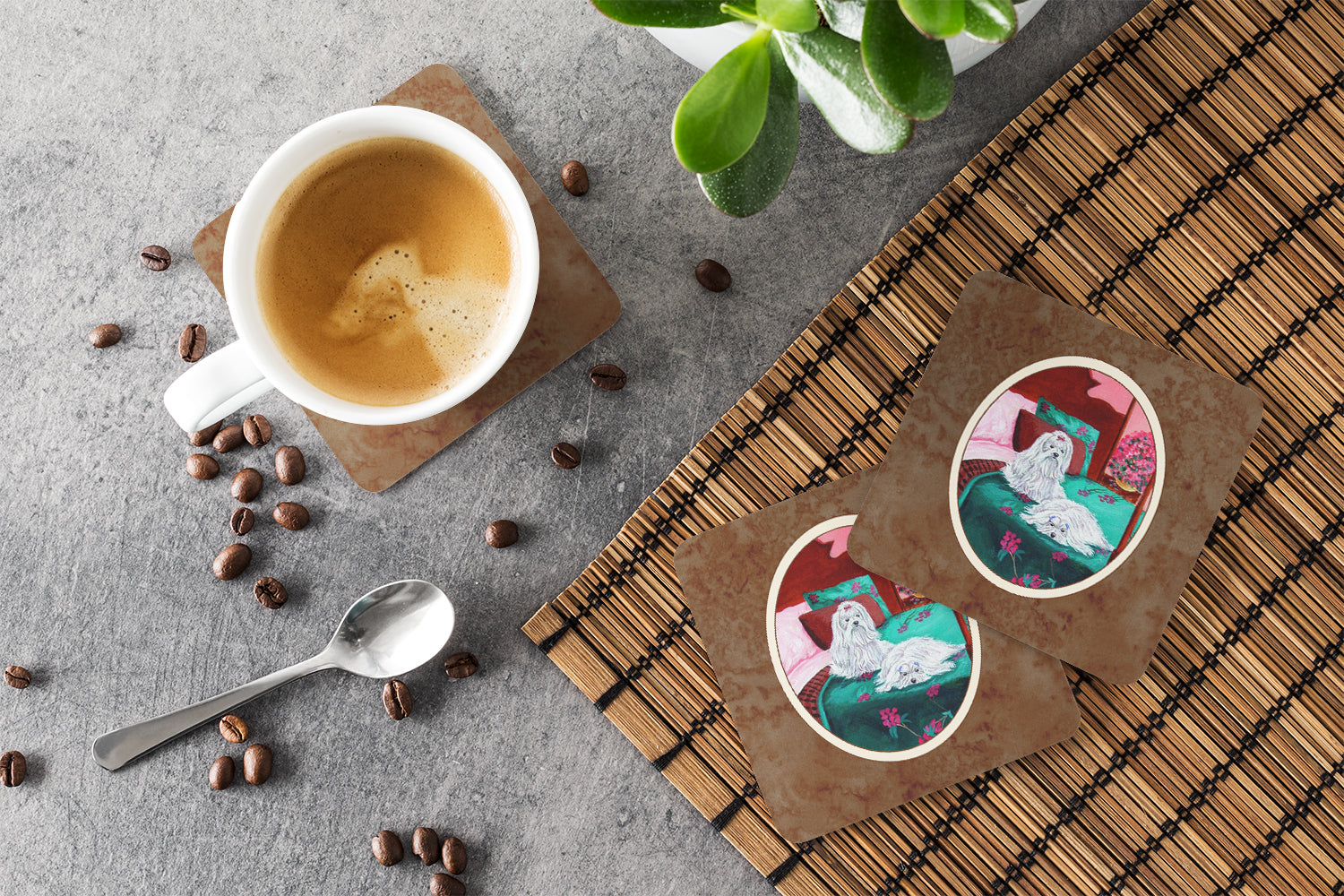 Maltese and puppy waiting on you Foam Coasters Set of 4 Cup Coasters for Indoor Outdoor, Tabletop Protection, Anti Slip, Mouse pad Material