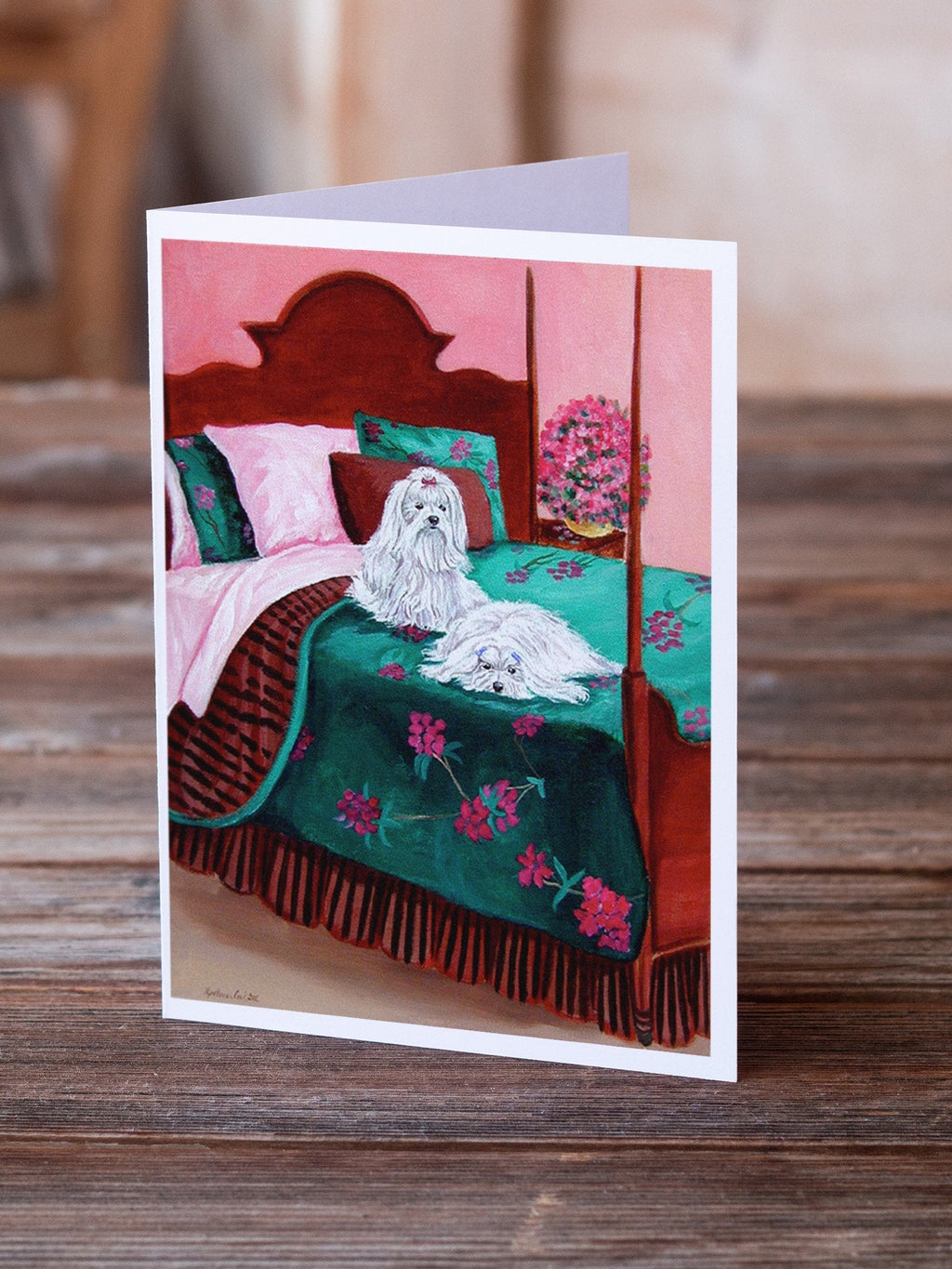 Maltese and puppy waiting on you Greeting Cards Pack of 8 Blank Cards with Envelopes Whimsical A7 Size 5x7