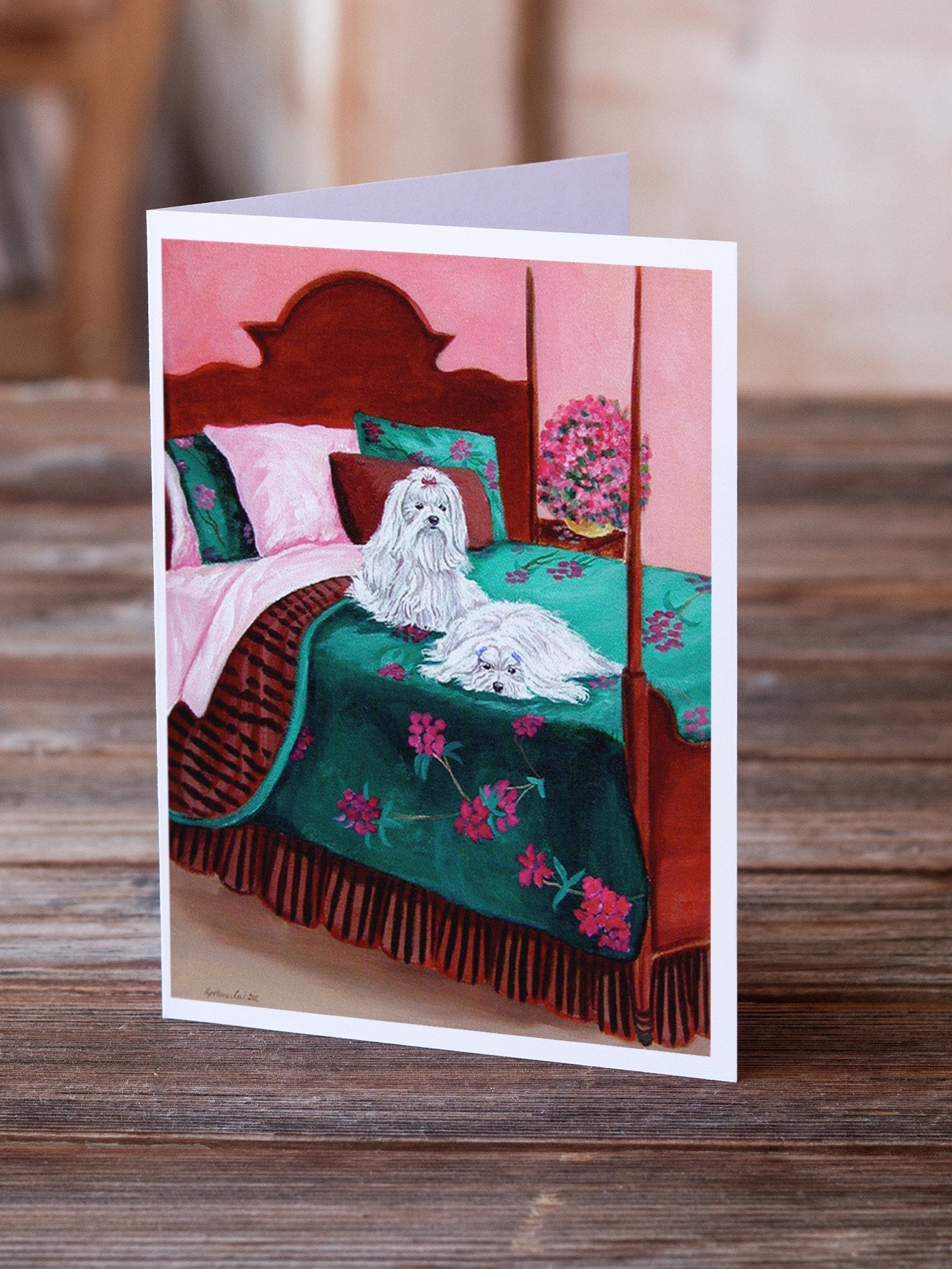 Maltese and puppy waiting on you Greeting Cards Pack of 8 Blank Cards with Envelopes Whimsical A7 Size 5x7