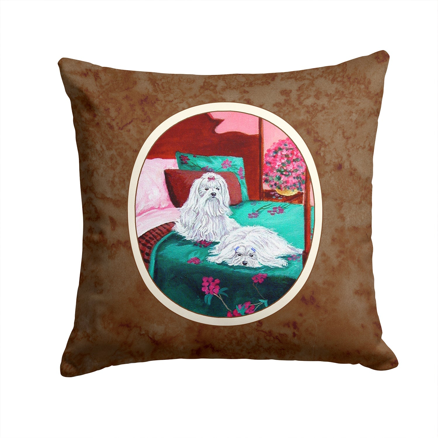 Maltese and puppy waiting on you Decorative Throw Pillow 14x14 Indoor Outdoor Accent Cushion, Fabric Cover with Insert for Sofa, Bed, Porch & Living Room