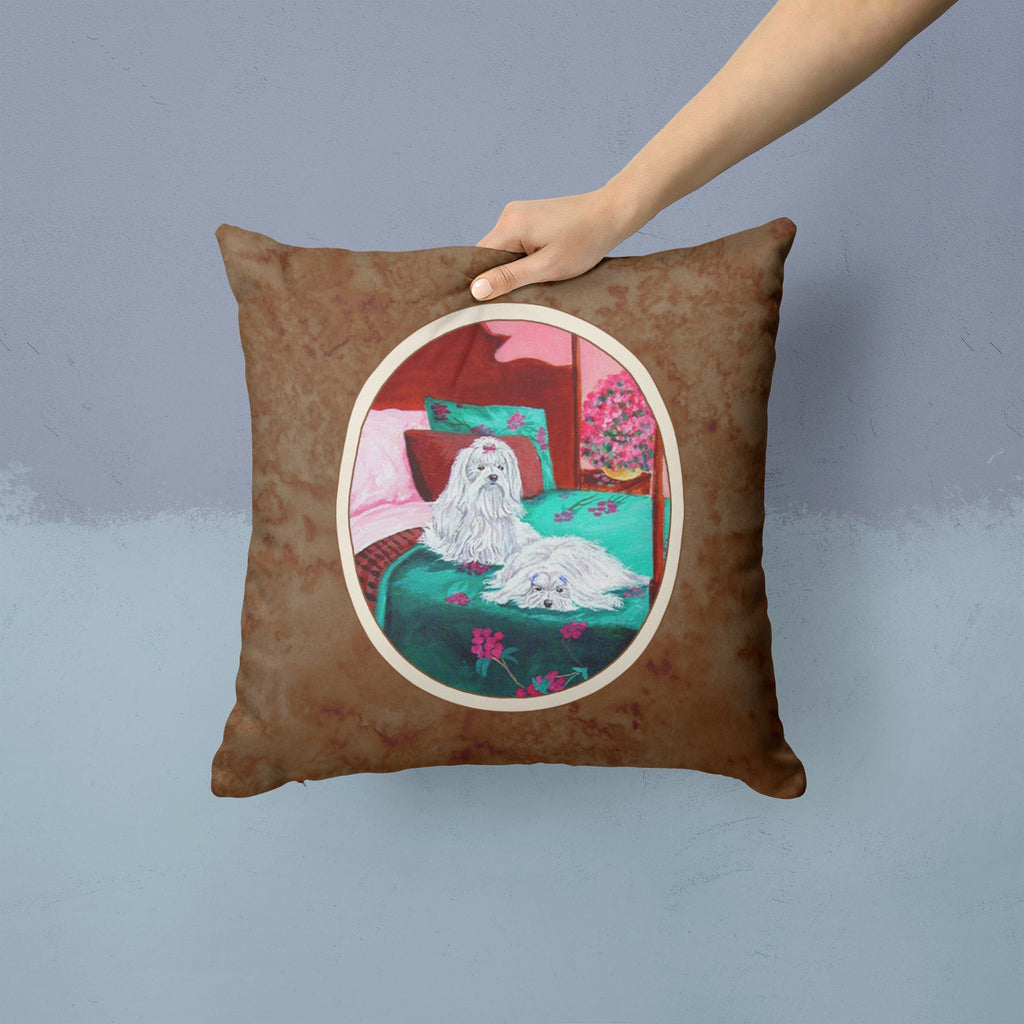 Maltese and puppy waiting on you Decorative Throw Pillow 14x14 Indoor Outdoor Accent Cushion, Fabric Cover with Insert for Sofa, Bed, Porch & Living Room