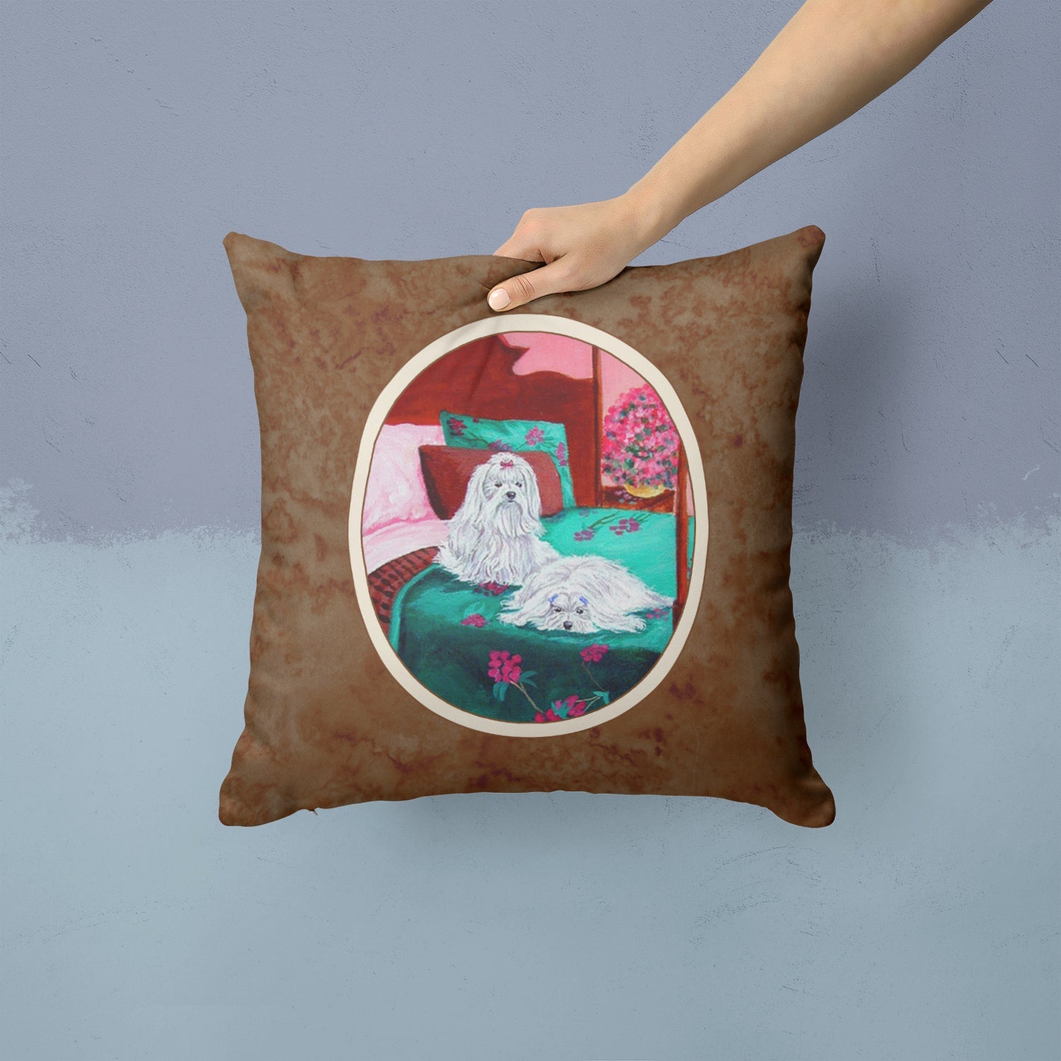 Maltese and puppy waiting on you Decorative Throw Pillow 14x14 Indoor Outdoor Accent Cushion, Fabric Cover with Insert for Sofa, Bed, Porch & Living Room