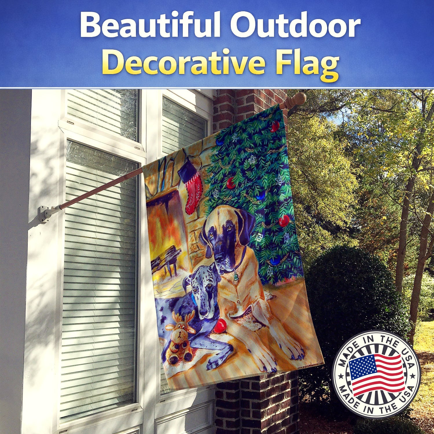 Fawn and Blue Great Dane waiting on Christmas House Flag 28x40 Porch Sleeve Pole Decorative Outside Yard Banner Artwork Wall Hanging, Polyester