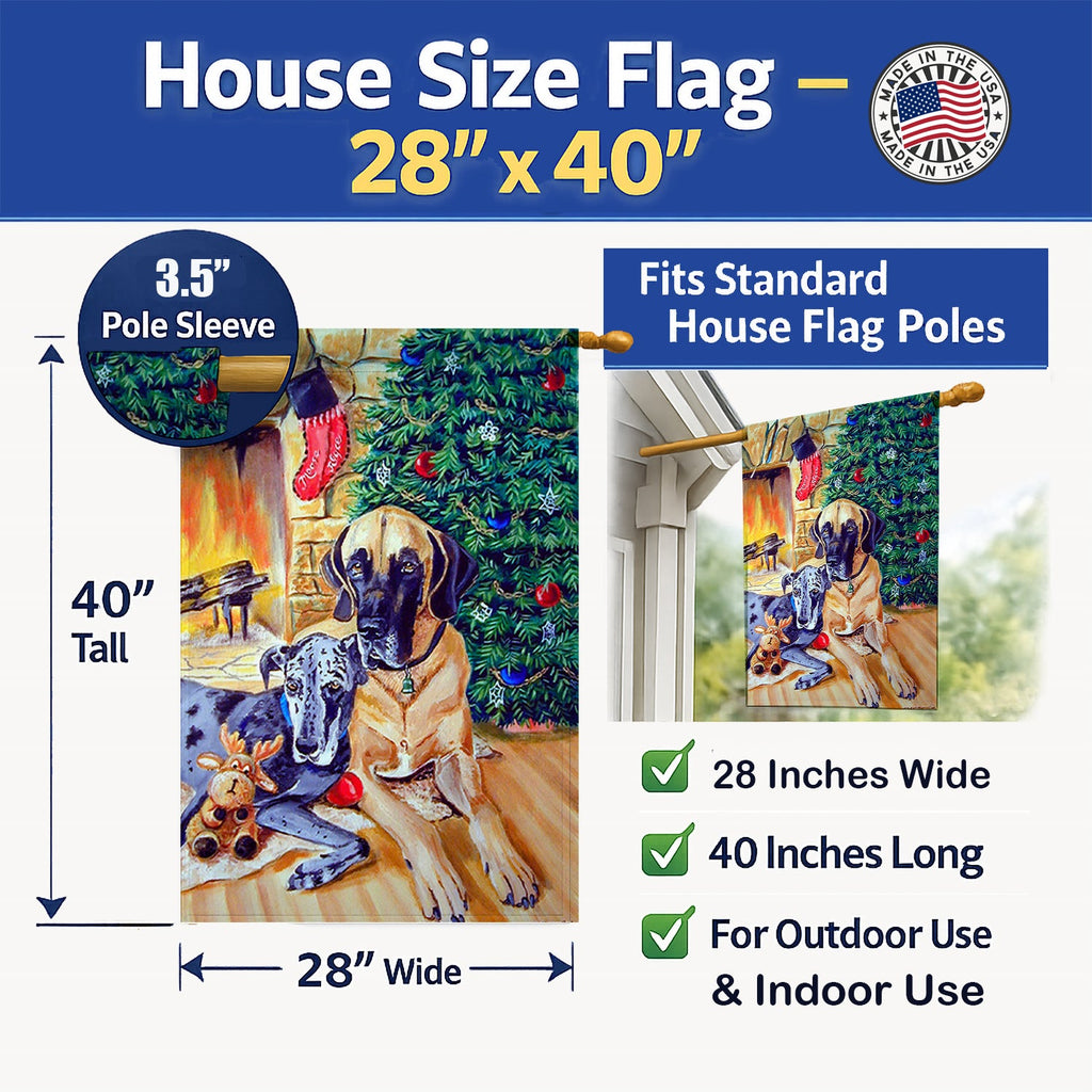 Fawn and Blue Great Dane waiting on Christmas House Flag 28x40 Porch Sleeve Pole Decorative Outside Yard Banner Artwork Wall Hanging, Polyester