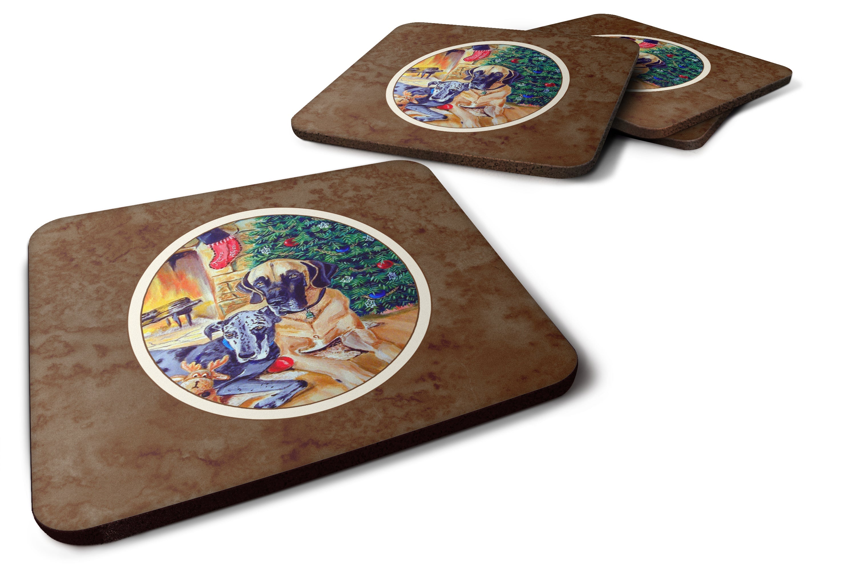 Fawn and Blue Great Dane waiting on Christmas Foam Coasters Set of 4 Cup Coasters for Indoor Outdoor, Tabletop Protection, Anti Slip, Mouse pad Material