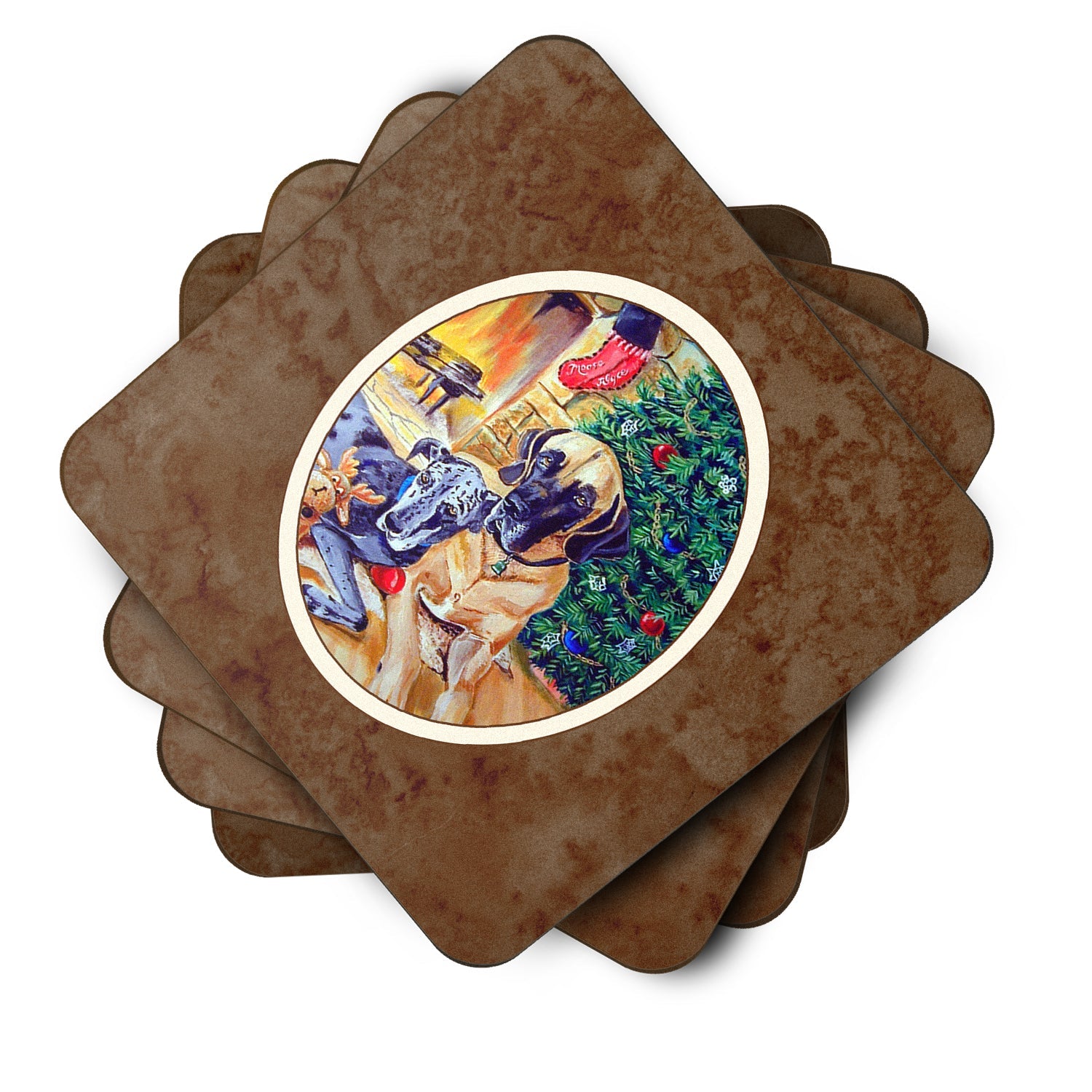 Fawn and Blue Great Dane waiting on Christmas Foam Coasters Set of 4 Cup Coasters for Indoor Outdoor, Tabletop Protection, Anti Slip, Mouse pad Material