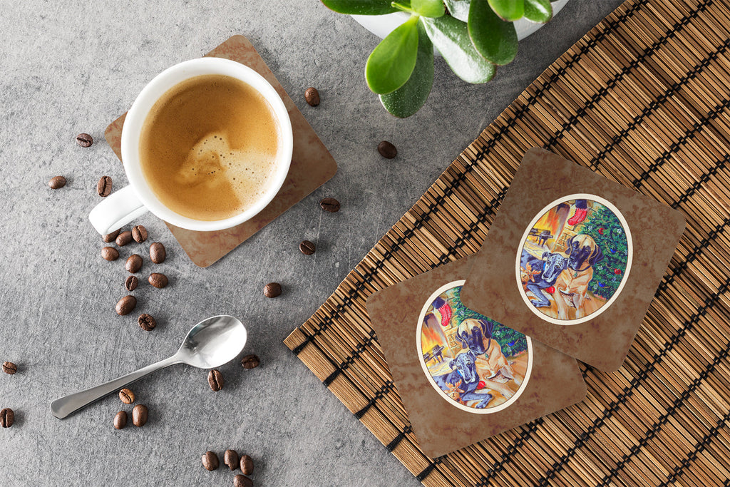 Fawn and Blue Great Dane waiting on Christmas Foam Coasters Set of 4 Cup Coasters for Indoor Outdoor, Tabletop Protection, Anti Slip, Mouse pad Material