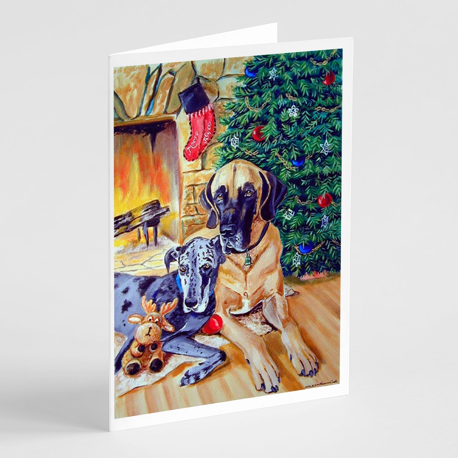Fawn and Blue Great Dane waiting on Christmas Greeting Cards Pack of 8 Blank Cards with Envelopes Whimsical A7 Size 5x7