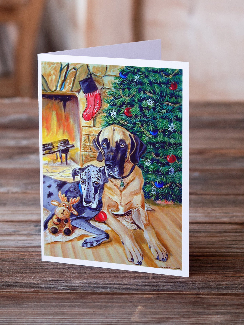 Fawn and Blue Great Dane waiting on Christmas Greeting Cards Pack of 8 Blank Cards with Envelopes Whimsical A7 Size 5x7