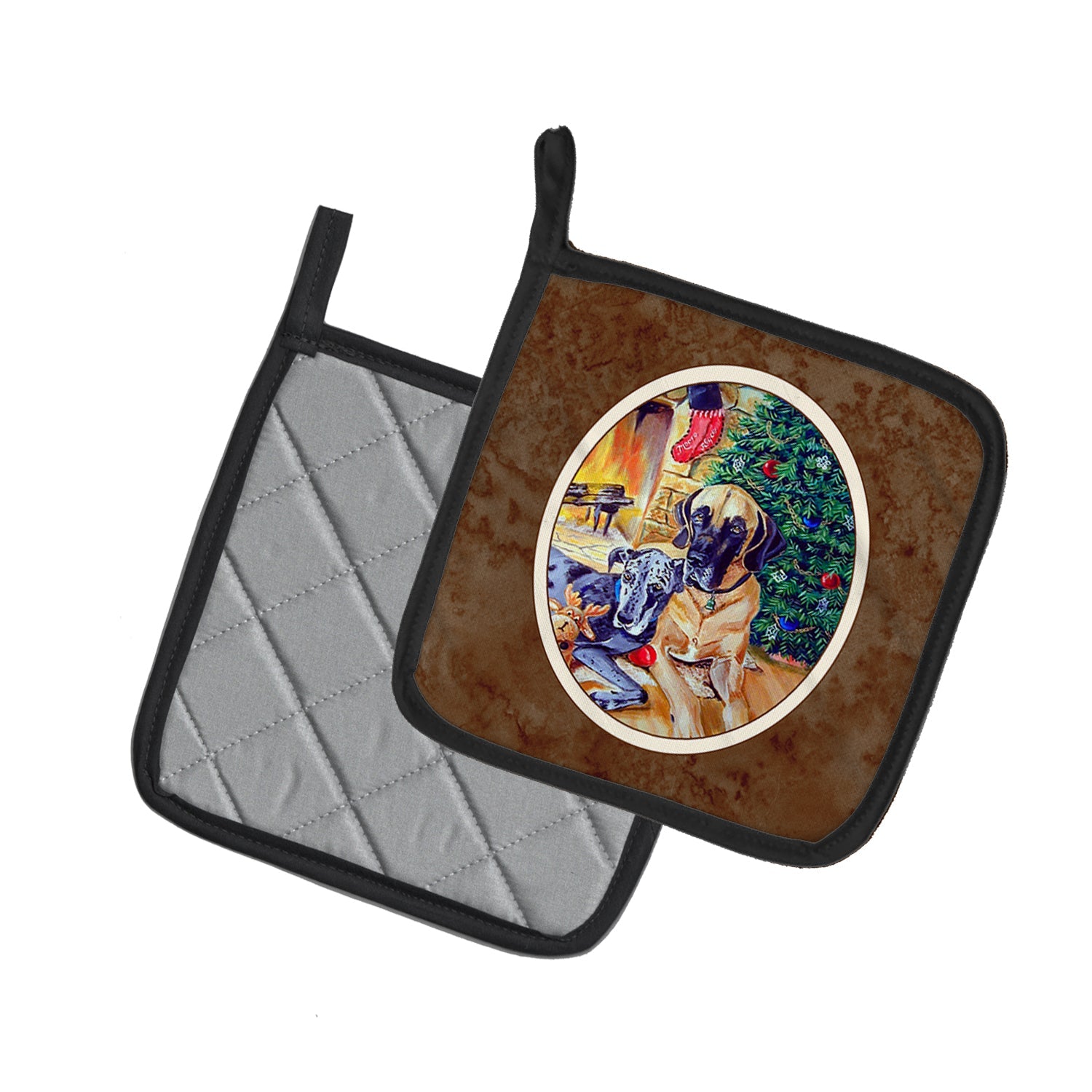 Fawn and Blue Great Dane waiting on Christmas Pot Holder Set of 2 Heat Resistant Quilted Hot Pads 7.5 x 7.5 Inch, Insulated Kitchen Trivets for Cooking & Baking