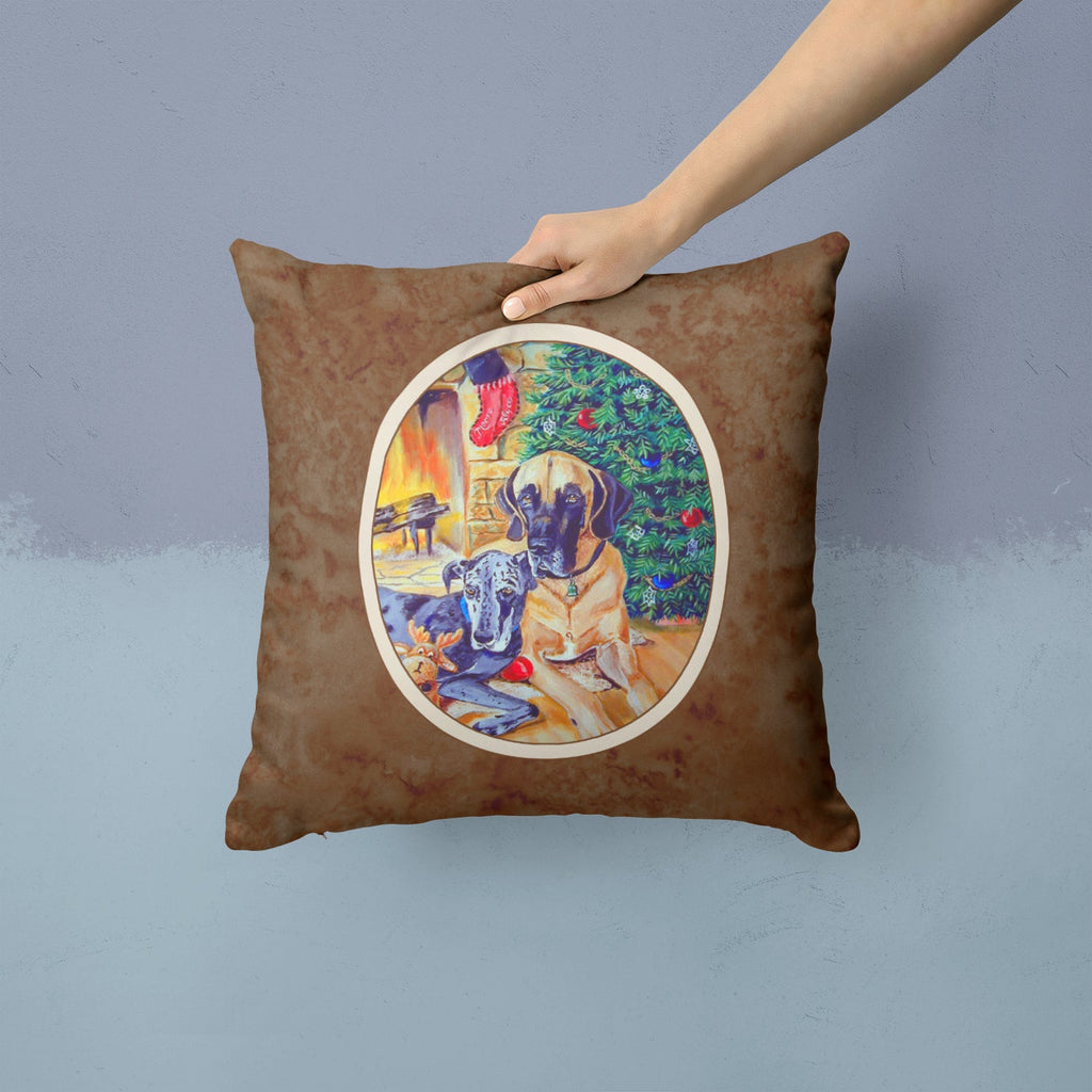 Fawn and Blue Great Dane waiting on Christmas Decorative Throw Pillow 14x14 Indoor Outdoor Accent Cushion, Fabric Cover with Insert for Sofa, Bed, Porch & Living Room