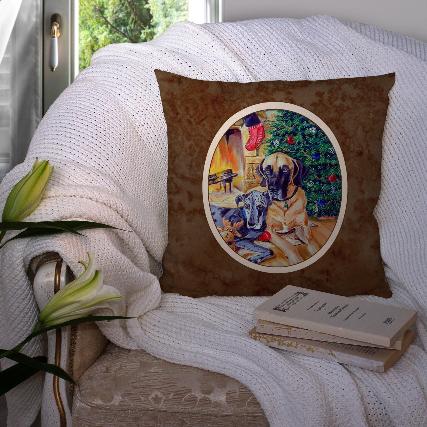 Fawn and Blue Great Dane waiting on Christmas Decorative Throw Pillow 14x14 Indoor Outdoor Accent Cushion, Fabric Cover with Insert for Sofa, Bed, Porch & Living Room