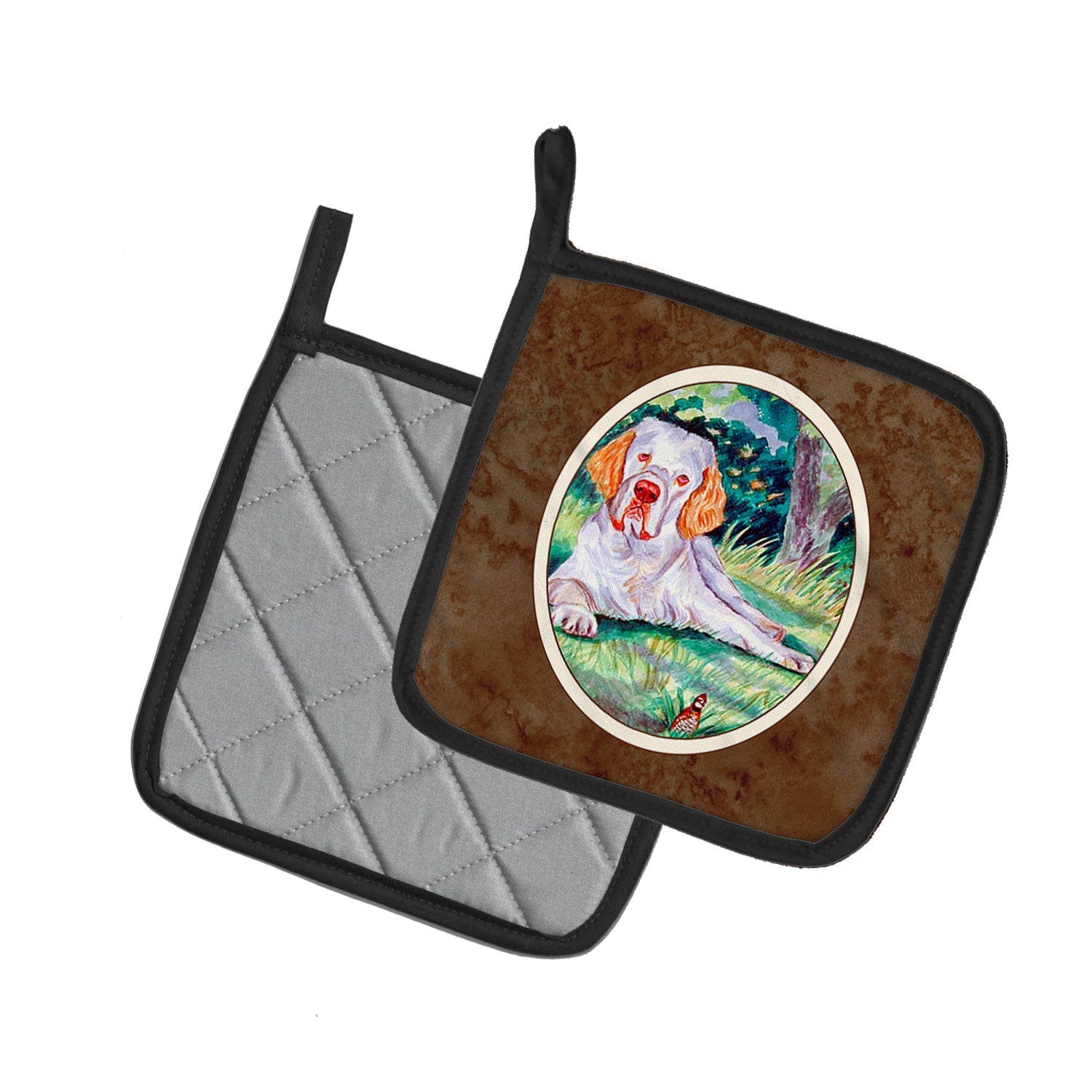 Clumber Spaniel Pot Holder Set of 2 Heat Resistant Quilted Hot Pads 7.5 x 7.5 Inch, Insulated Kitchen Trivets for Cooking & Baking