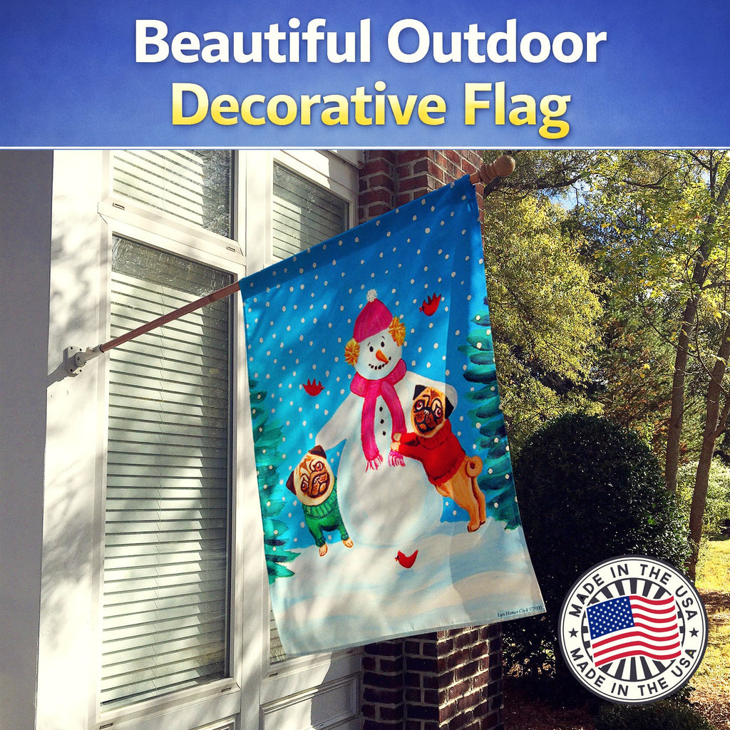 Snowman with Pug Winter Snowman House Flag 28x40 Porch Sleeve Pole Decorative Outside Yard Banner Artwork Wall Hanging, Polyester