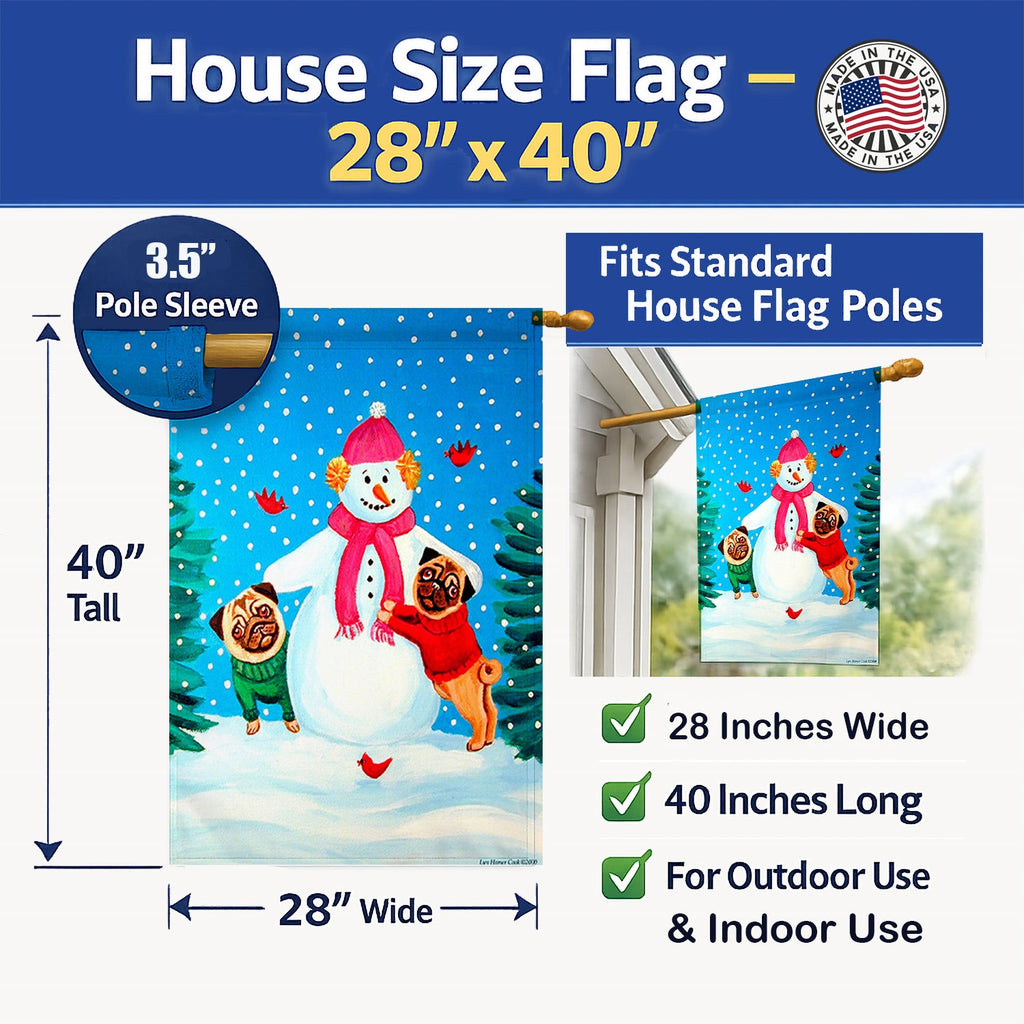 Snowman with Pug Winter Snowman House Flag 28x40 Porch Sleeve Pole Decorative Outside Yard Banner Artwork Wall Hanging, Polyester