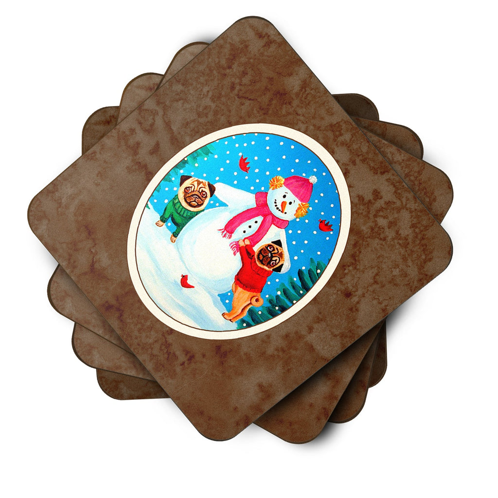 Snowman with Pug Winter Snowman Foam Coasters Set of 4 Cup Coasters for Indoor Outdoor, Tabletop Protection, Anti Slip, Mouse pad Material