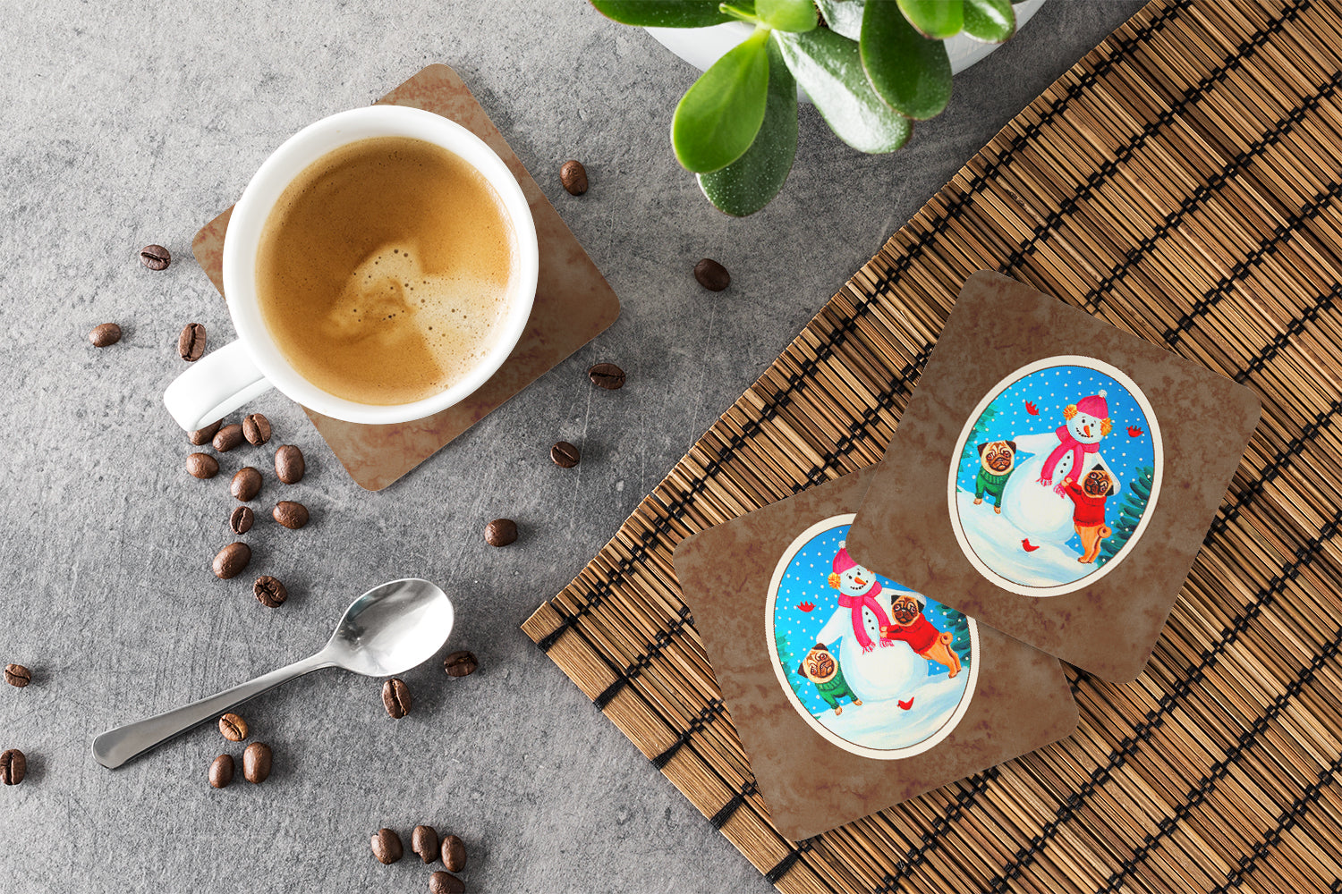 Snowman with Pug Winter Snowman Foam Coasters Set of 4 Cup Coasters for Indoor Outdoor, Tabletop Protection, Anti Slip, Mouse pad Material