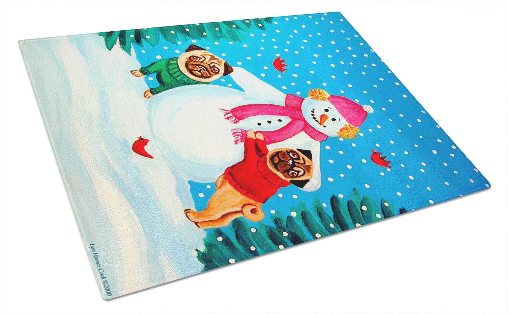 Snowman with Pug Winter Snowman Cutting Board Tempered Glass Kitchen Cutting Surface, Heat Resistant Chopping, Non-Slip Feet, Food Prep & Serving