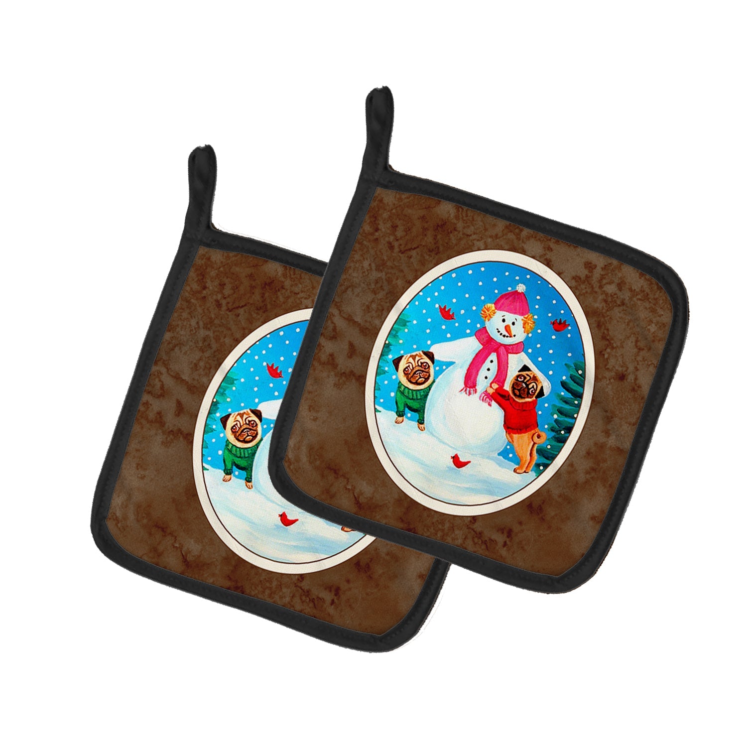 Snowman with Pug Winter Snowman Pot Holder Set of 2 Heat Resistant Quilted Hot Pads 7.5 x 7.5 Inch, Insulated Kitchen Trivets for Cooking & Baking
