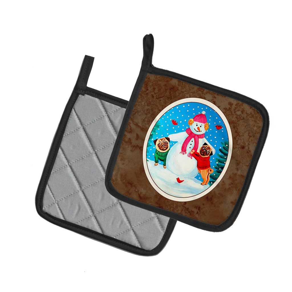 Snowman with Pug Winter Snowman Pot Holder Set of 2 Heat Resistant Quilted Hot Pads 7.5 x 7.5 Inch, Insulated Kitchen Trivets for Cooking & Baking