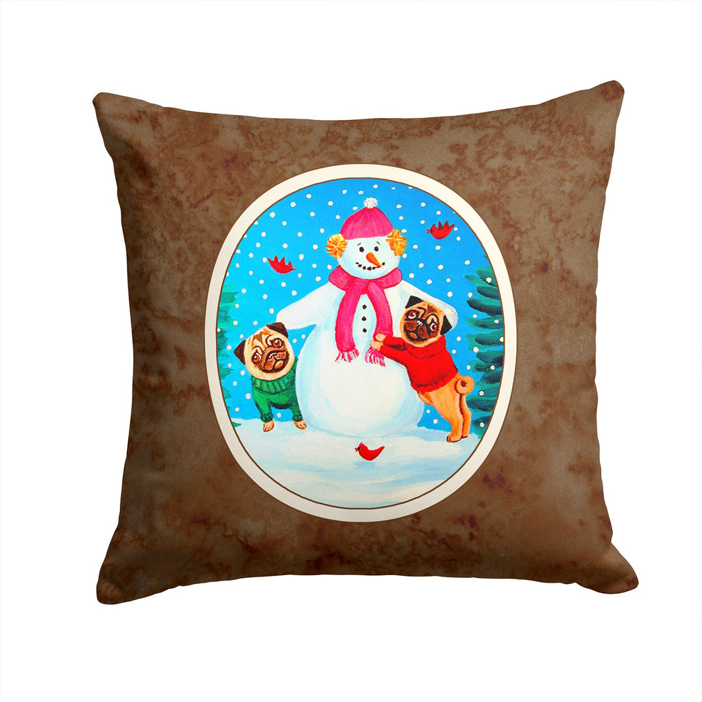 Snowman with Pug Winter Snowman Decorative Throw Pillow 14x14 Indoor Outdoor Accent Cushion, Fabric Cover with Insert for Sofa, Bed, Porch & Living Room