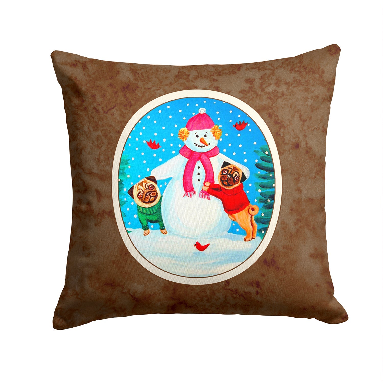 Snowman with Pug Winter Snowman Decorative Throw Pillow 14x14 Indoor Outdoor Accent Cushion, Fabric Cover with Insert for Sofa, Bed, Porch & Living Room
