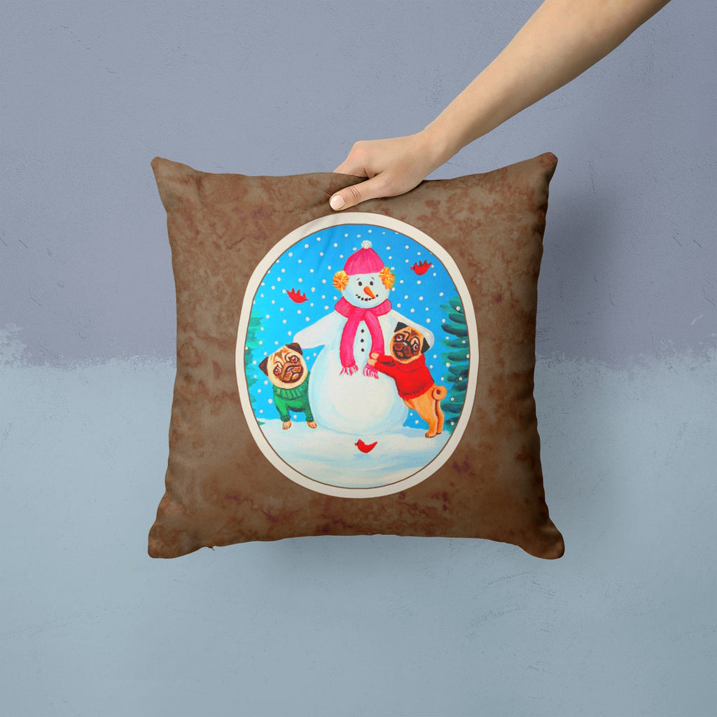 Snowman with Pug Winter Snowman Decorative Throw Pillow 14x14 Indoor Outdoor Accent Cushion, Fabric Cover with Insert for Sofa, Bed, Porch & Living Room