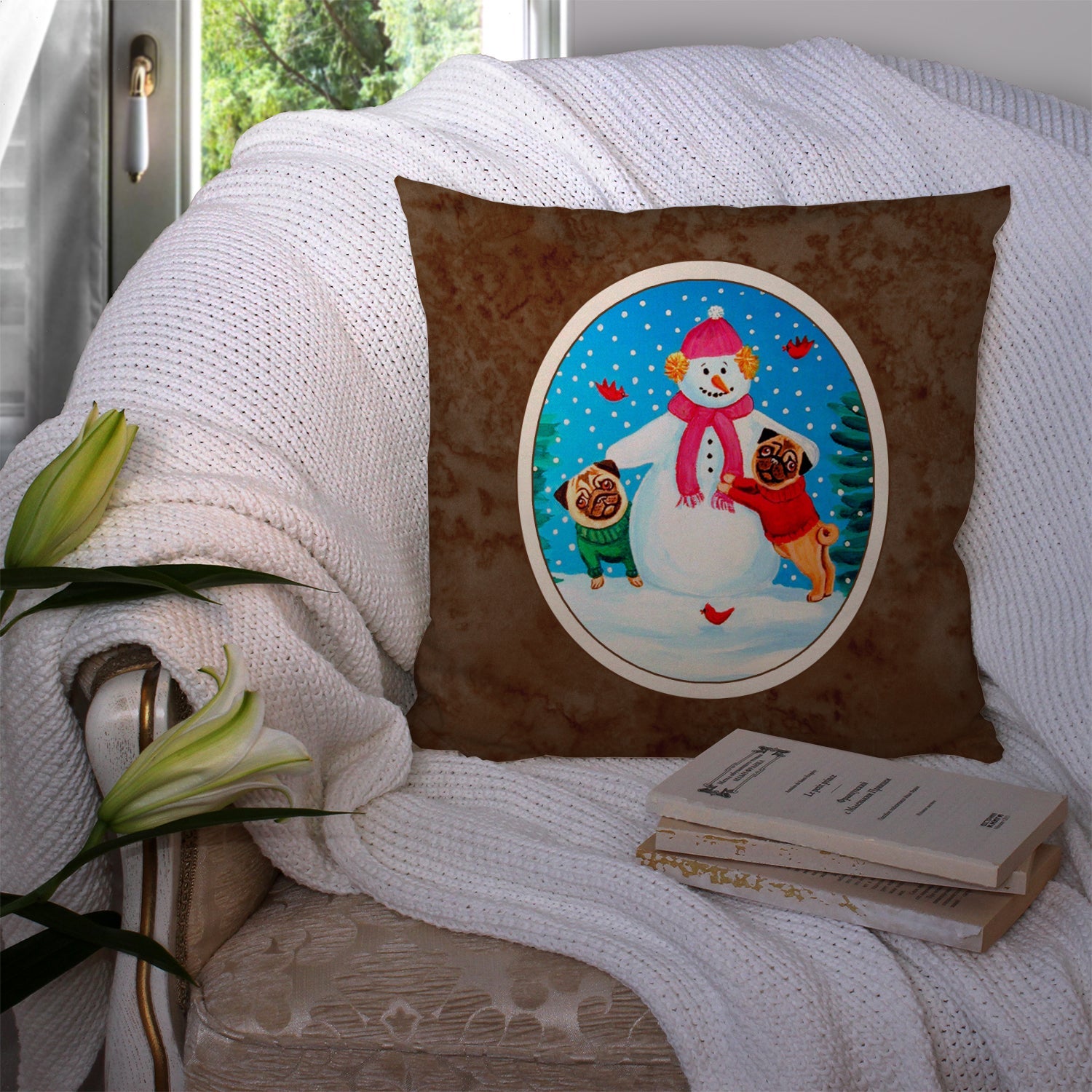 Snowman with Pug Winter Snowman Decorative Throw Pillow 14x14 Indoor Outdoor Accent Cushion, Fabric Cover with Insert for Sofa, Bed, Porch & Living Room