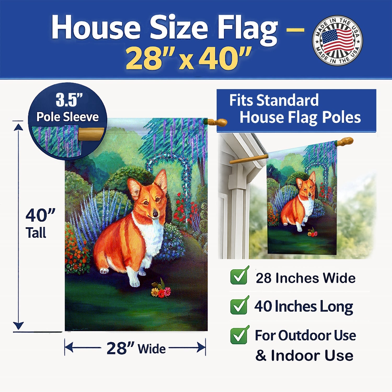 Corgi House Flag 28x40 Porch Sleeve Pole Decorative Outside Yard Banner Artwork Wall Hanging, Polyester