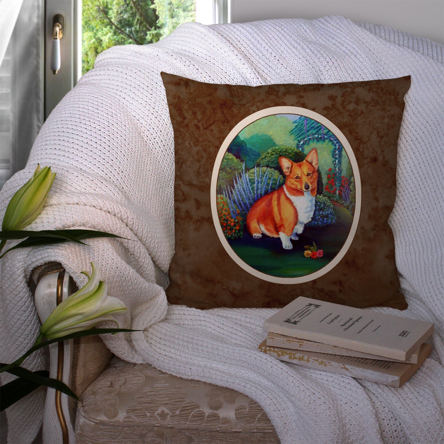 Corgi Decorative Throw Pillow 14x14 Indoor Outdoor Accent Cushion, Fabric Cover with Insert for Sofa, Bed, Porch & Living Room