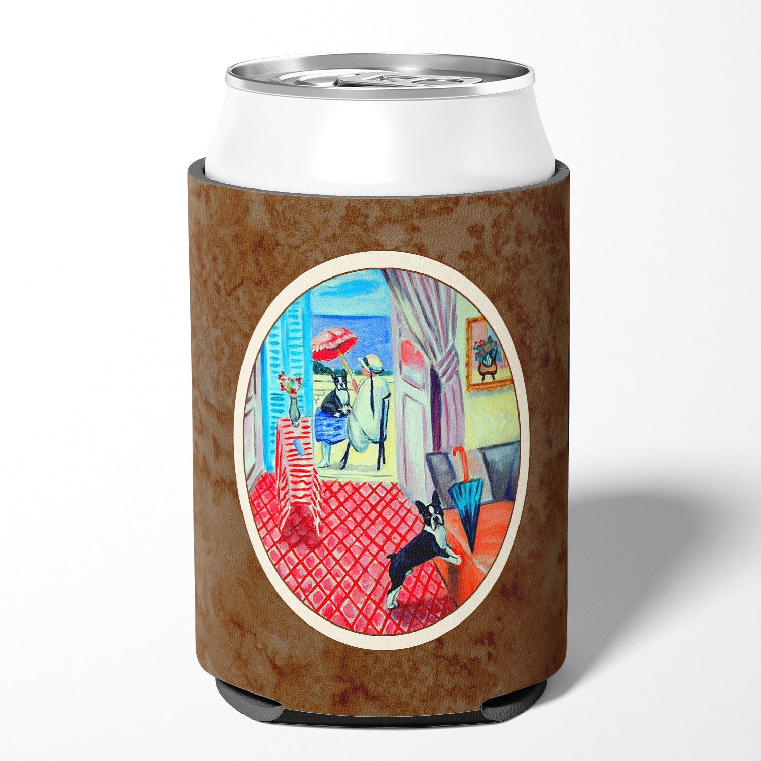 Lady with her Boston Terrier Can or Bottle Hugger Cooler Sleeve for Standard 12 oz Cans, Insulated Foam Beer & Soda Can Hugger Reusable