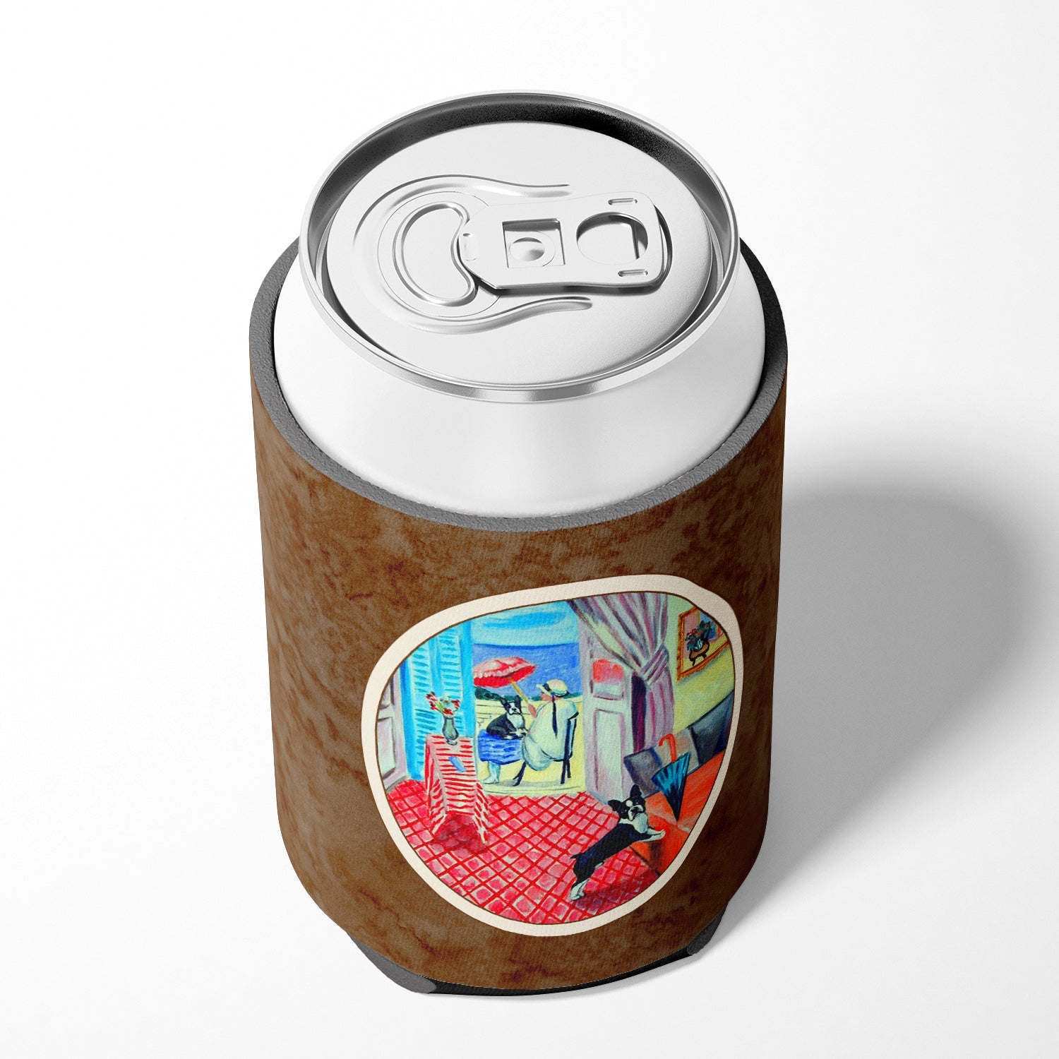 Lady with her Boston Terrier Can or Bottle Hugger Cooler Sleeve for Standard 12 oz Cans, Insulated Foam Beer & Soda Can Hugger Reusable