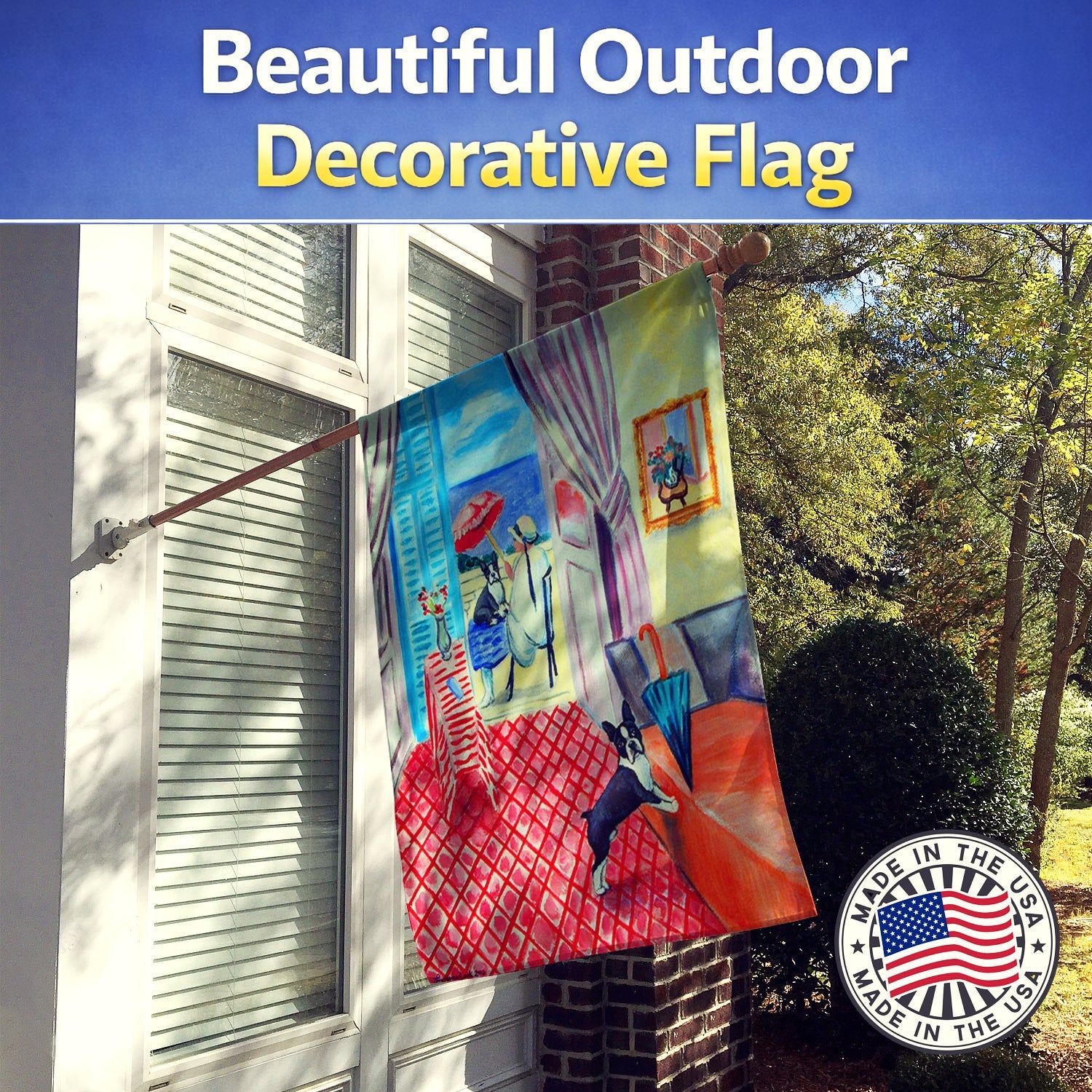 Lady with her Boston Terrier House Flag 28x40 Porch Sleeve Pole Decorative Outside Yard Banner Artwork Wall Hanging, Polyester