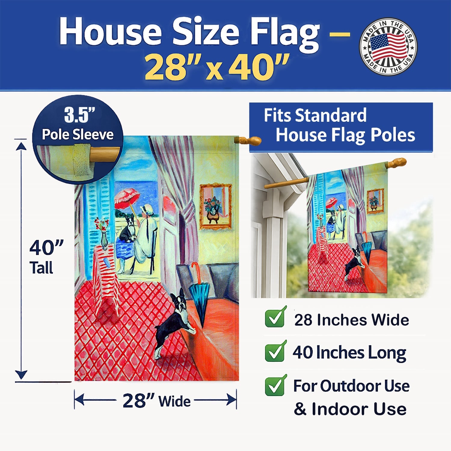 Lady with her Boston Terrier House Flag 28x40 Porch Sleeve Pole Decorative Outside Yard Banner Artwork Wall Hanging, Polyester