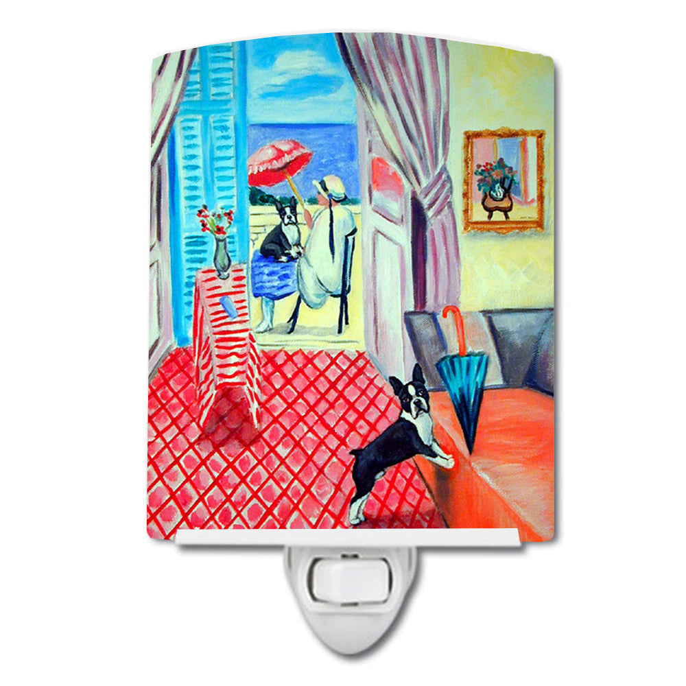 Lady with her Boston Terrier Ceramic Night Light Compact, UL-Certified, Ideal for Bedroom, Bathroom, Nursery, Hallway, Kitchen, 6x4x3, Multicolor